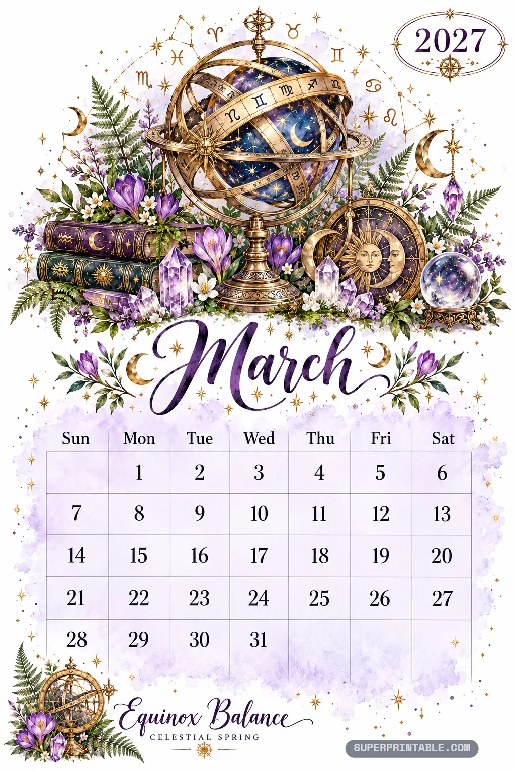 Brass armillary sphere surrounded by purple crocuses, crystal towers, and zodiac symbols