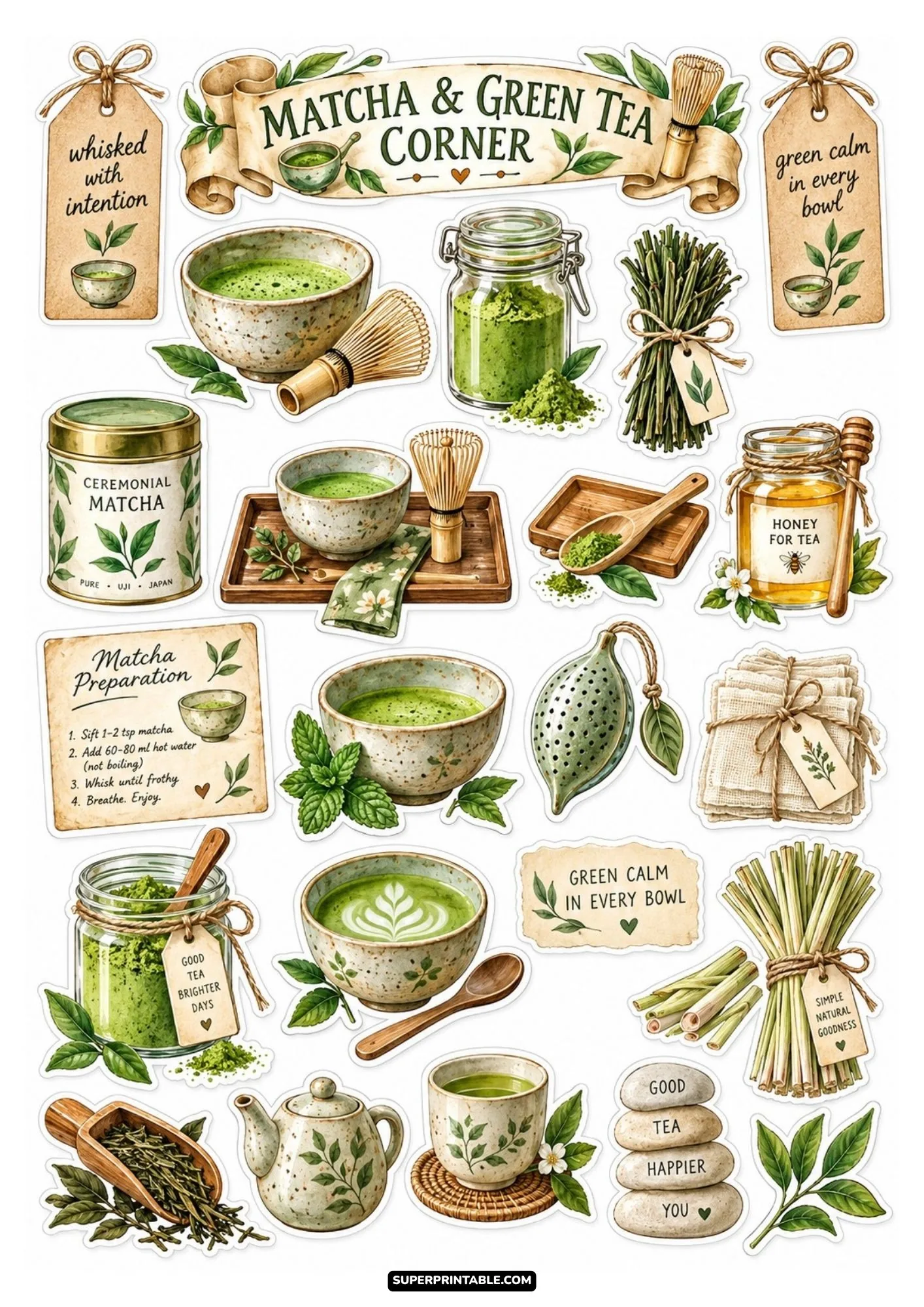 Matcha and green tea corner sticker sheet with bamboo whisk, matcha bowls, lemongrass, and green tea tins.