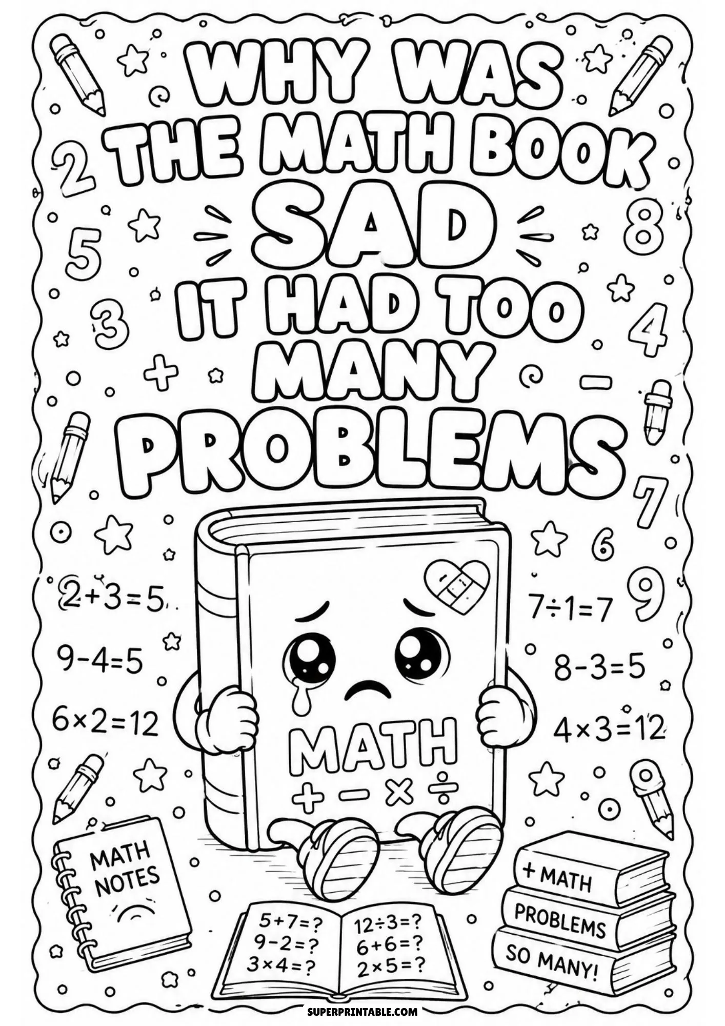 Crying animated math textbook sitting down near stacked notes and equations.