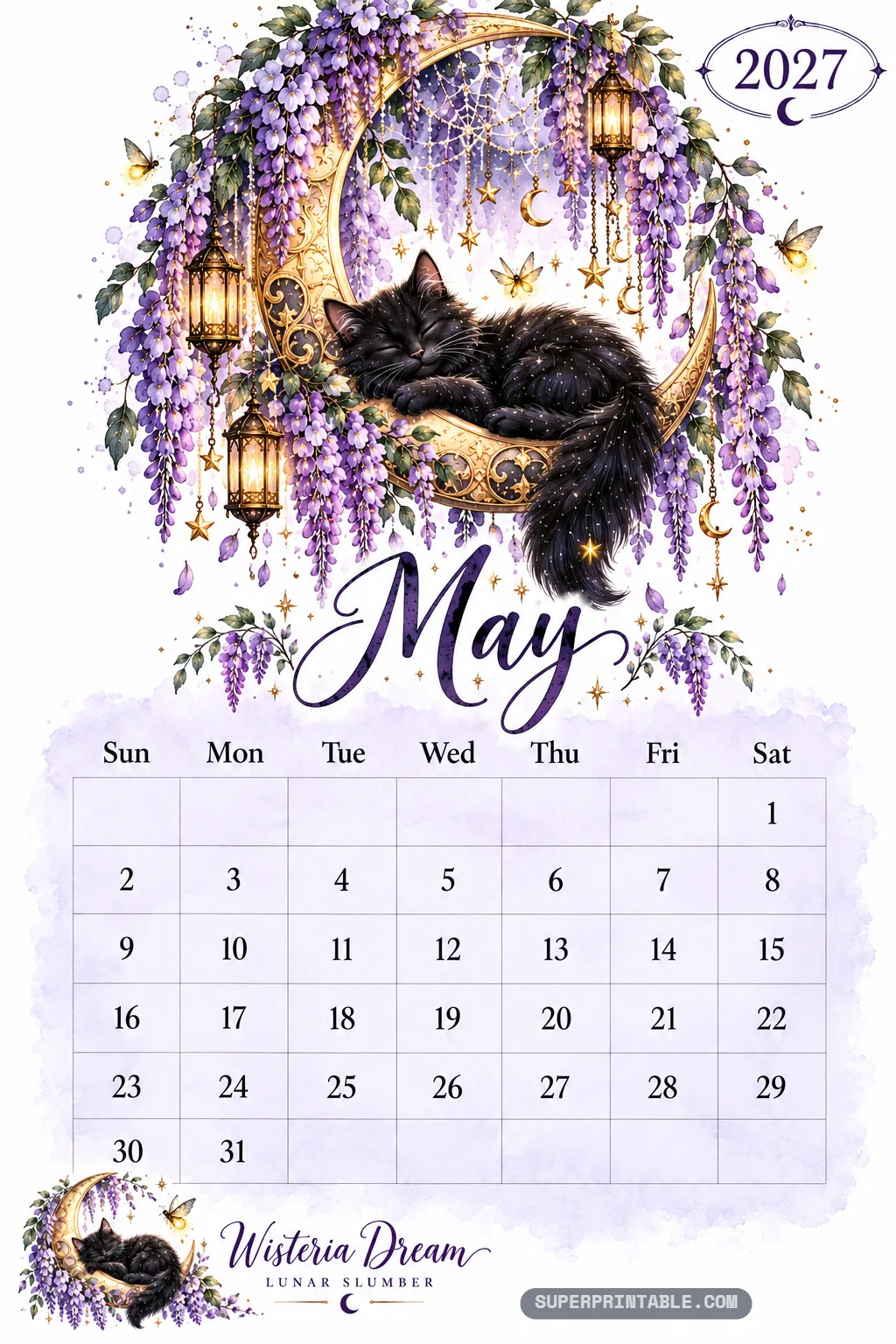 Sleeping black cat curled up inside an ornate golden crescent moon with cascading purple wisteria blooms