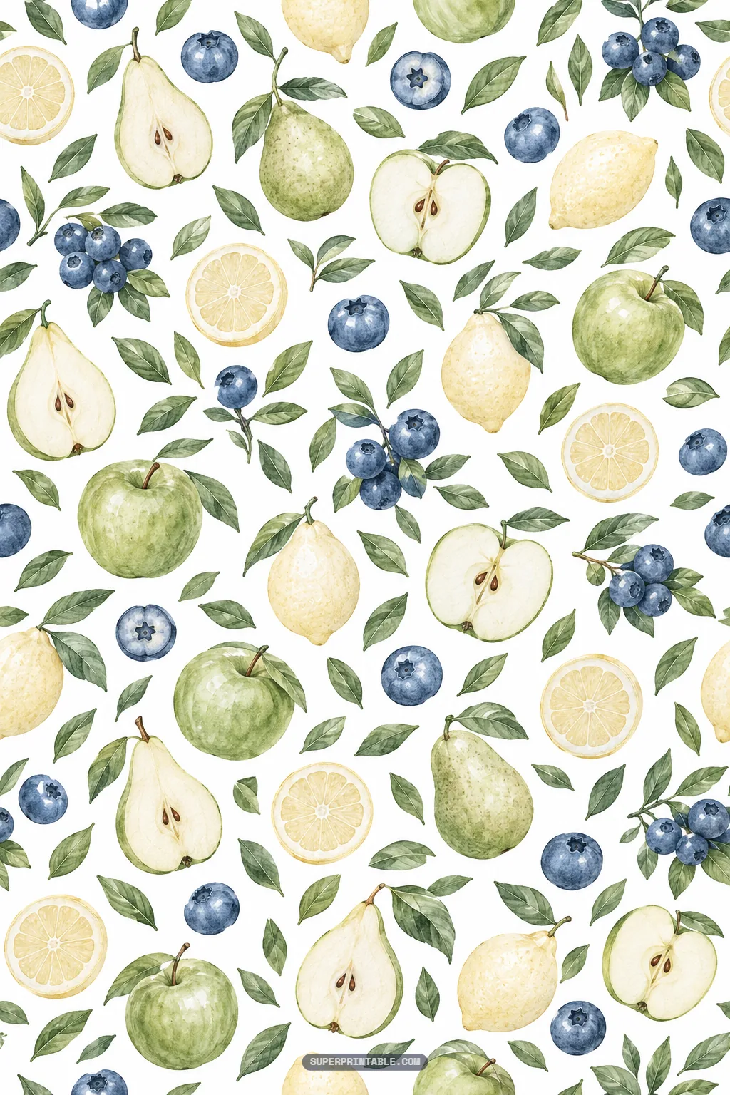 Watercolor orchard fruits including sliced pears, green apples, lemons, and scattered blue berries on a light background