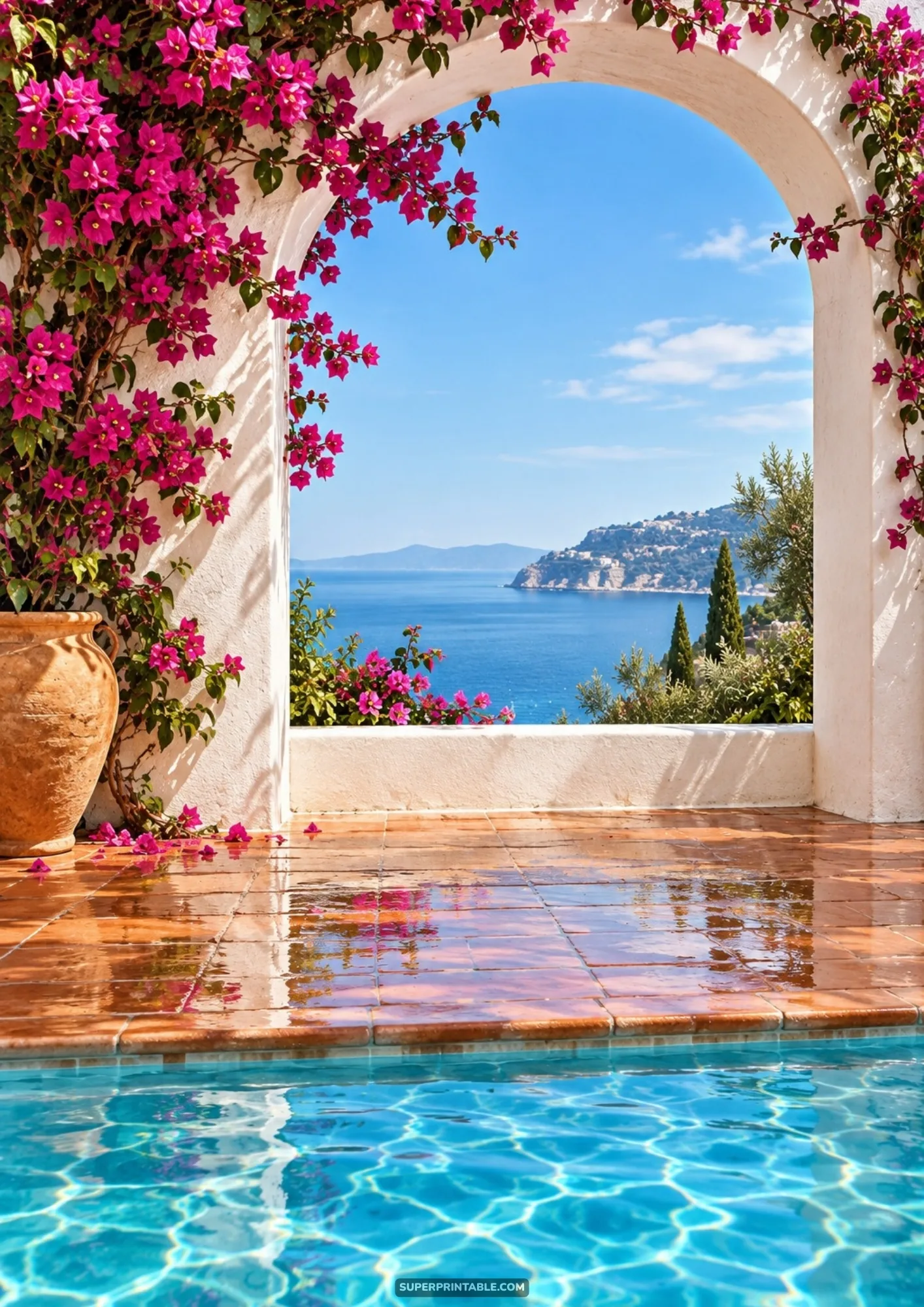 Mediterranean arched terrace overlooking sparkling blue sea with bougainvillea