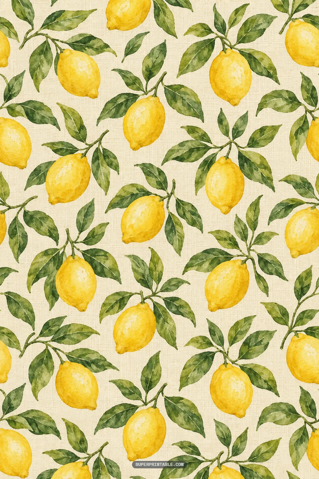 Artistic watercolor lemon branches hanging on a warm linen-textured background with vintage Mediterranean style