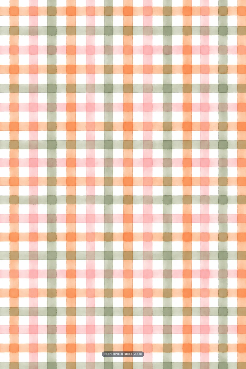 Classic watercolor gingham plaid pattern in layered apricot, rose pink, and olive green tones.