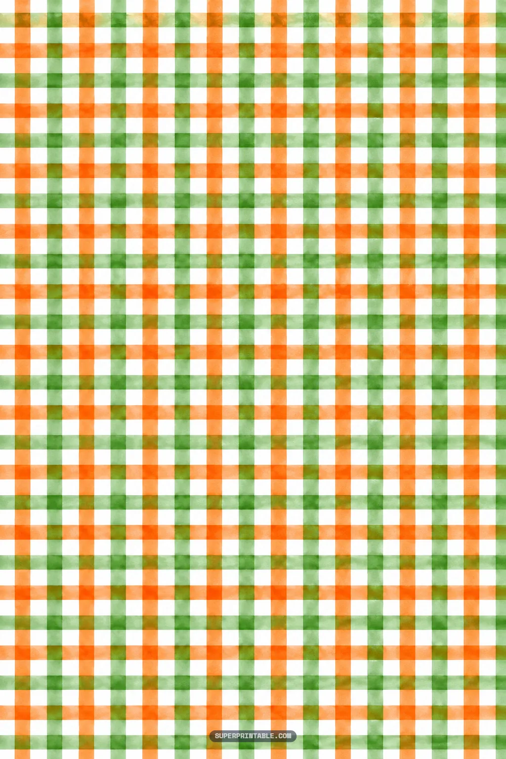 Medium watercolor gingham check pattern in harmonious bands of citrus orange and leafy olive green on white