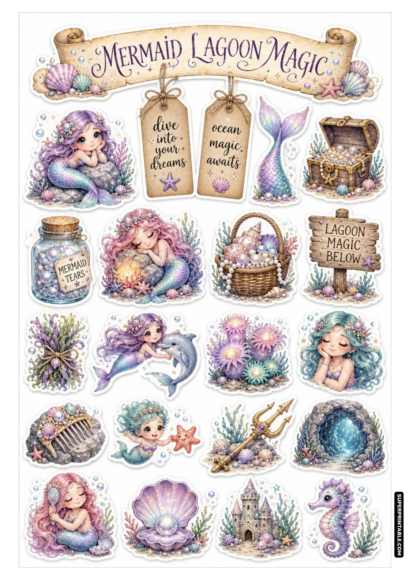 Cute pastel mermaid sticker sheet with seashell baskets, mermaid tears jars, tridents, and ocean pearls.