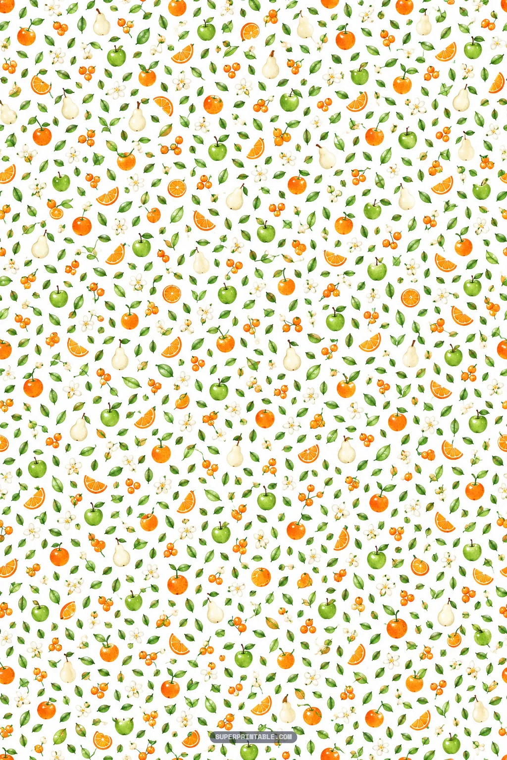 Delicate micro ditsy pattern with miniature watercolor oranges, pears, apples, and blossom sprigs on white