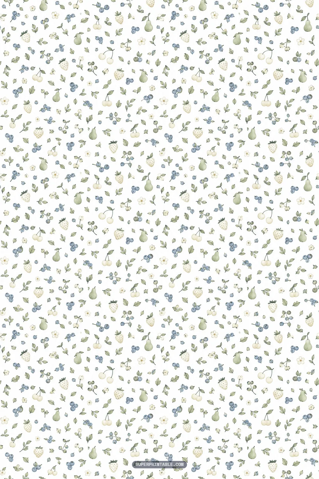 Dainty micro ditsy pattern showing tiny blueberries, miniature cherries, pale strawberries, and little pears on white