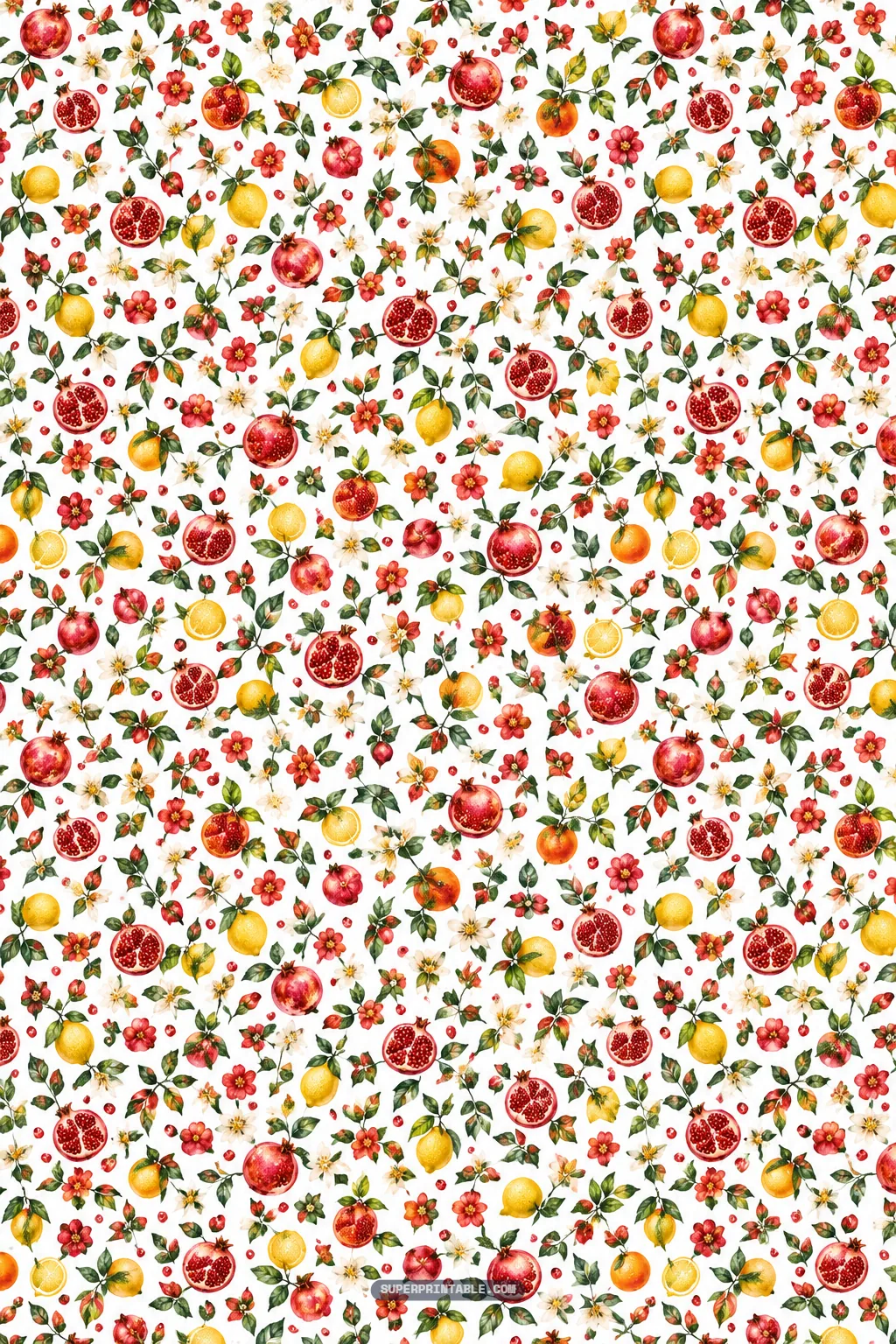 Dainty micro botanical print with miniature pomegranates, lemons, and scattered blossoms