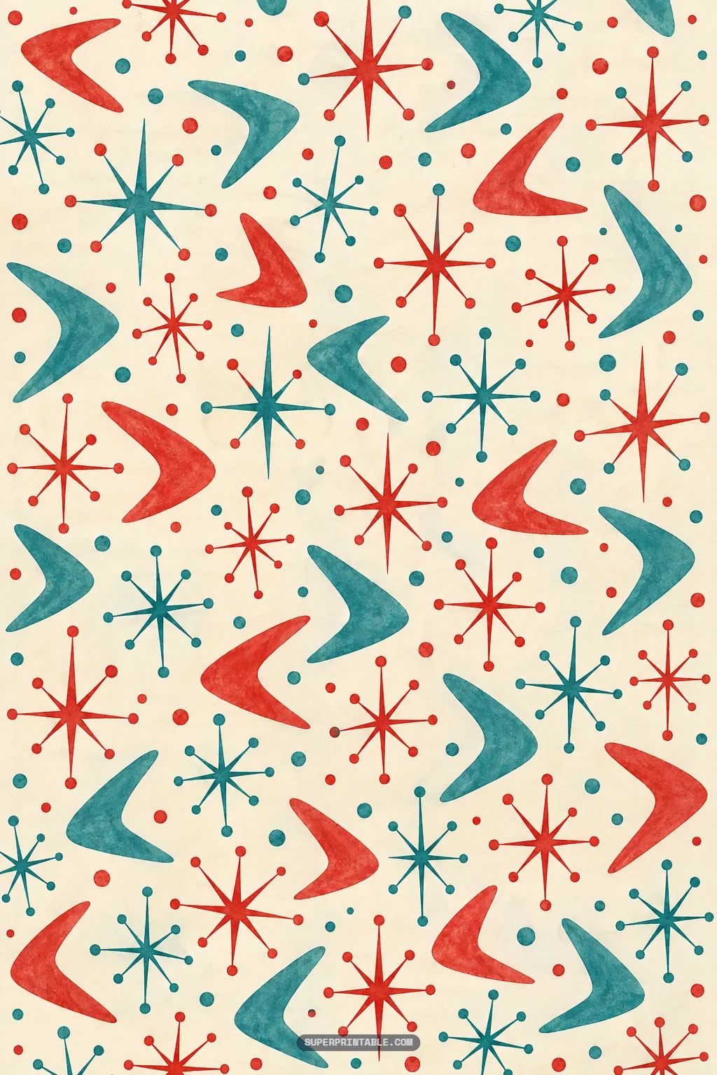 Mid-century atomic starbursts and curved boomerang shapes in retro red and teal scattered on ivory paper