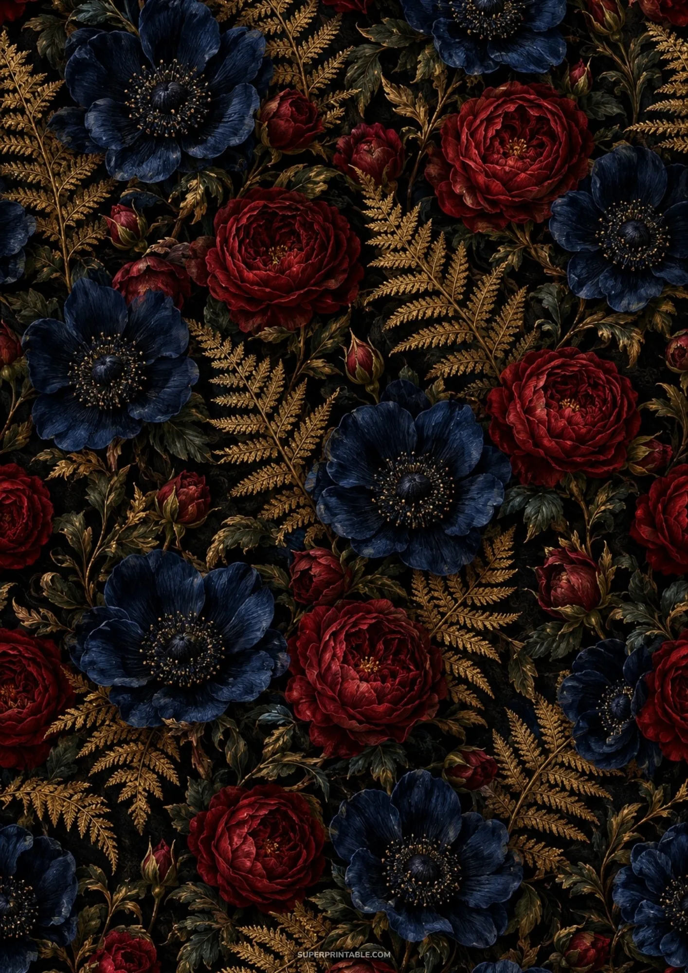 Midnight blue anemones, red garden roses, and golden ferns forming an ornate dark floral pattern