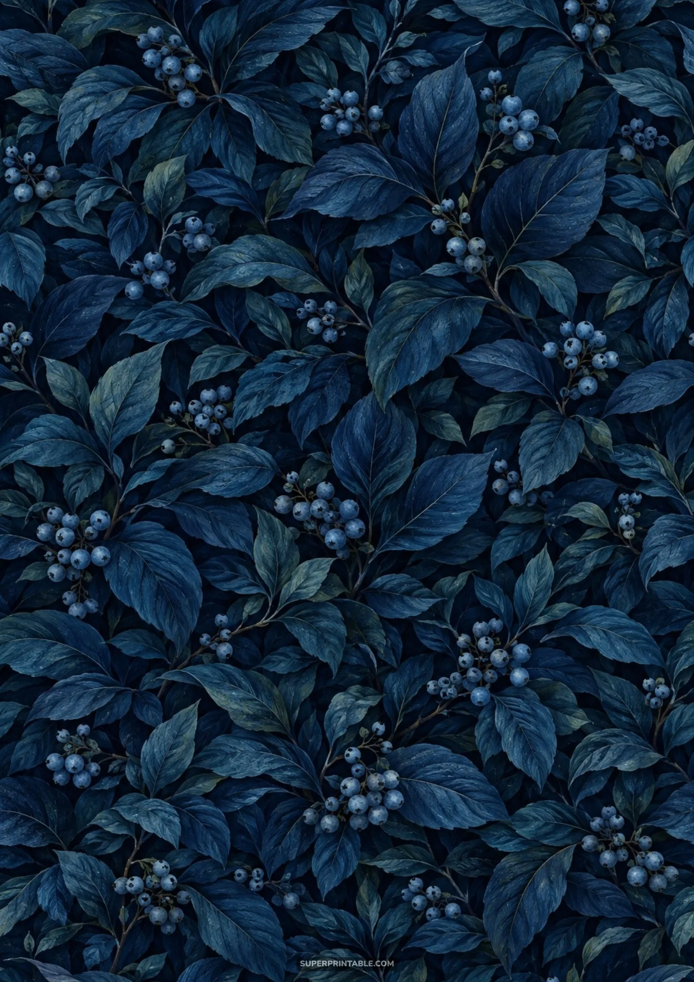 Vintage painterly floral digital papers showing deep indigo botanical leaves and wild slate blue berries