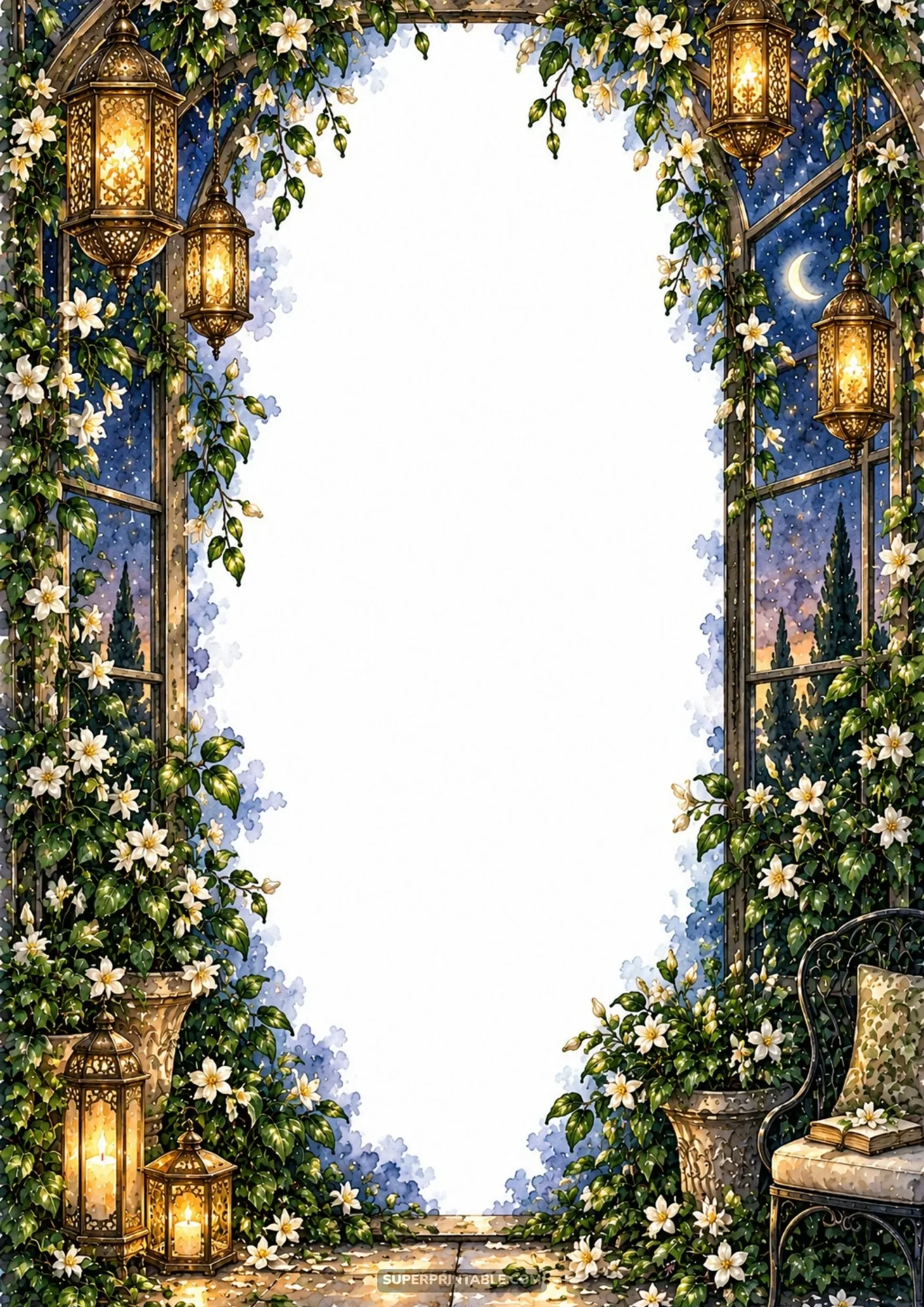 Glowing brass lanterns and night blooming jasmine framing a starry night window