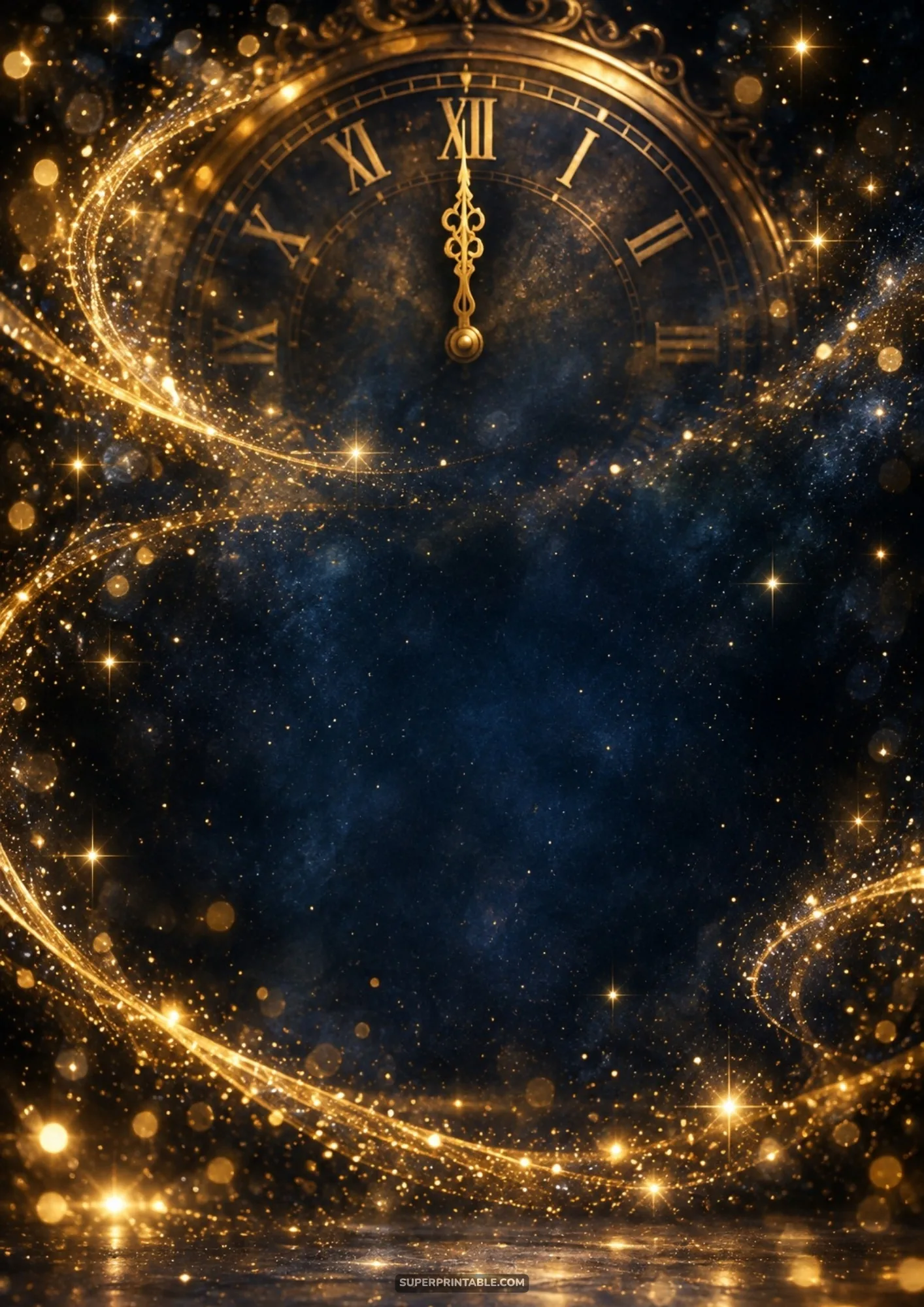 Antique brass clock striking midnight surrounded by swirling golden stardust