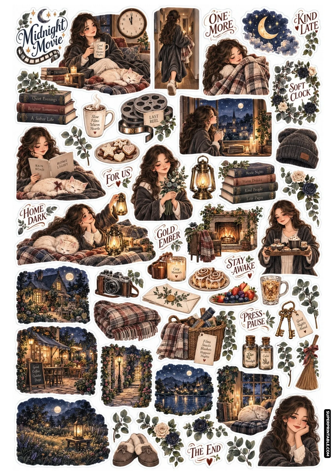 Midnight stickers showing a girl in a dark robe holding a warm mug near a clock striking midnight and a sleeping cat.