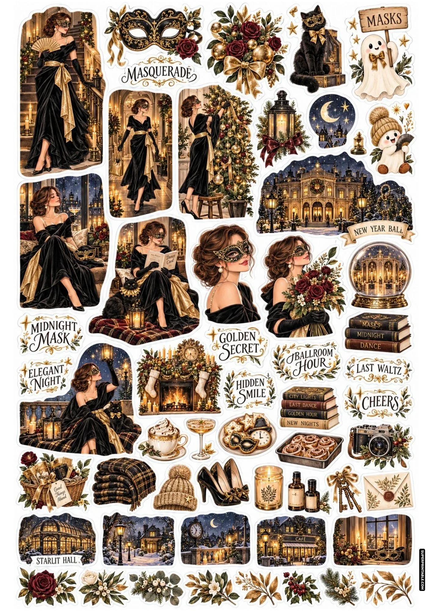 Dramatic masquerade ball sticker sheet featuring a woman wearing an ornate filigree golden mask