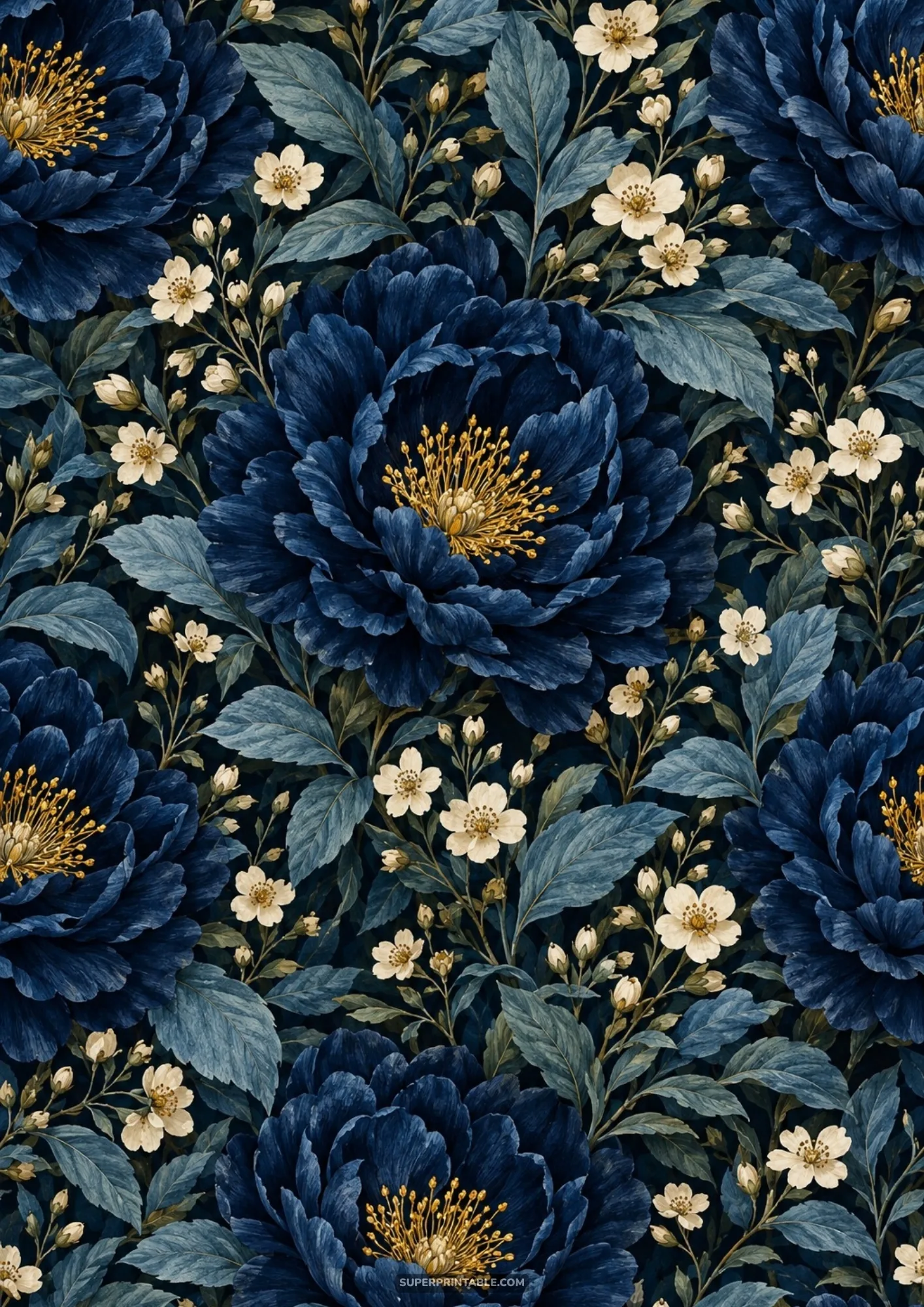 Deep navy blue ruffled peonies with bright yellow stamens and tiny ivory accent flowers on dark paper