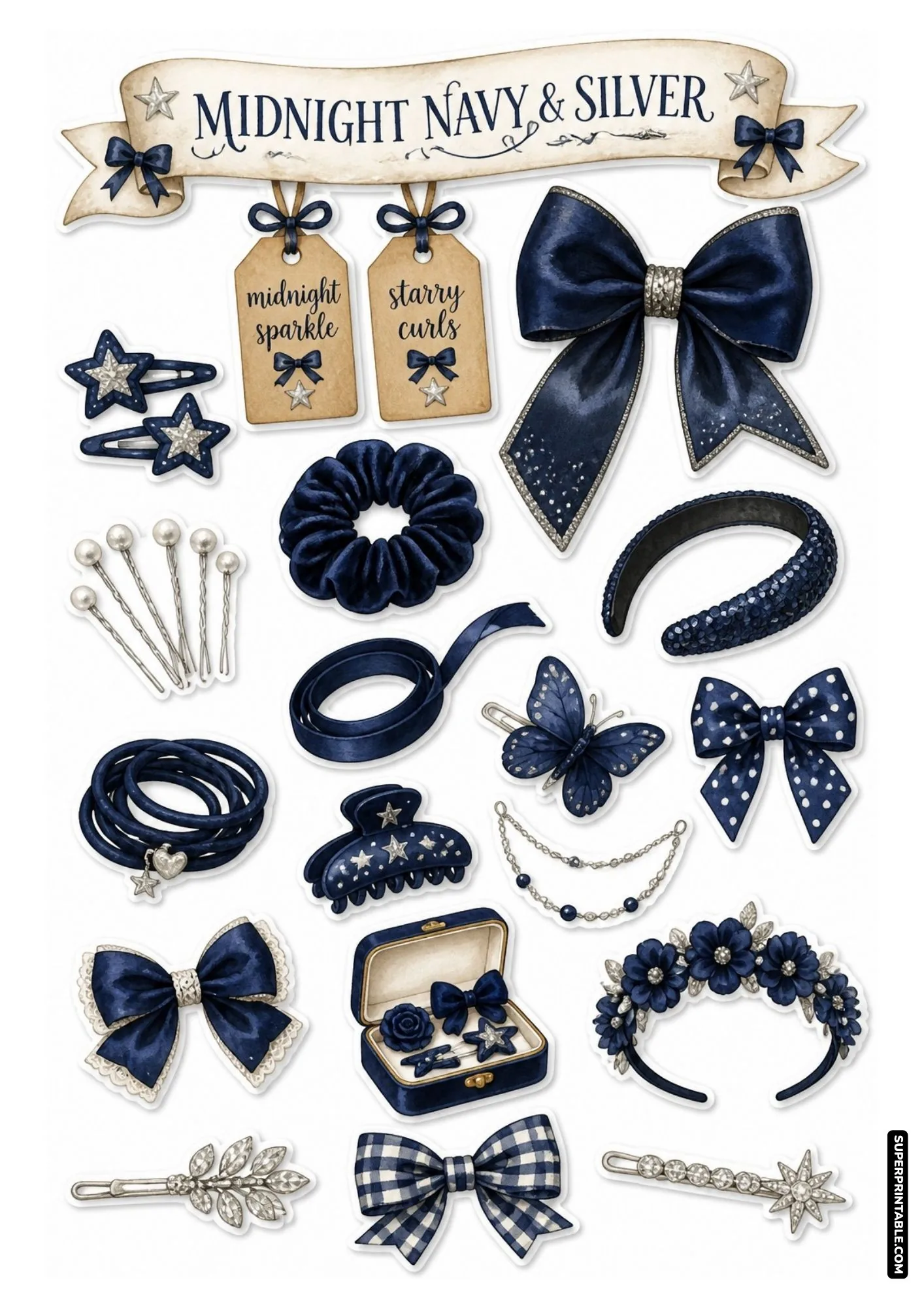 Midnight navy blue printable stickers featuring starry silver clips, navy bows, and velvet scrunchie.