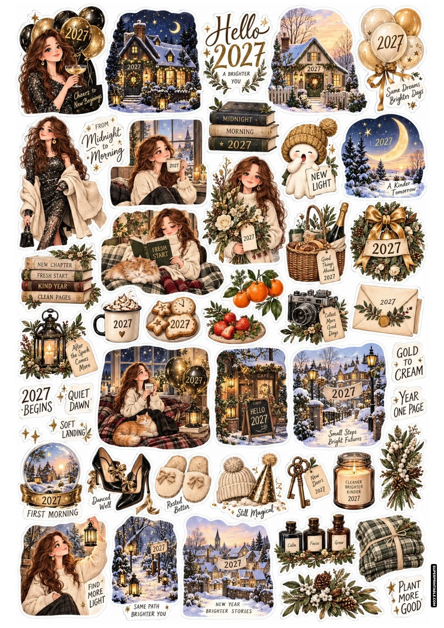 Illustrated 2027 new year sticker sheets capturing the transition from midnight party glamour to quiet morning coffee.