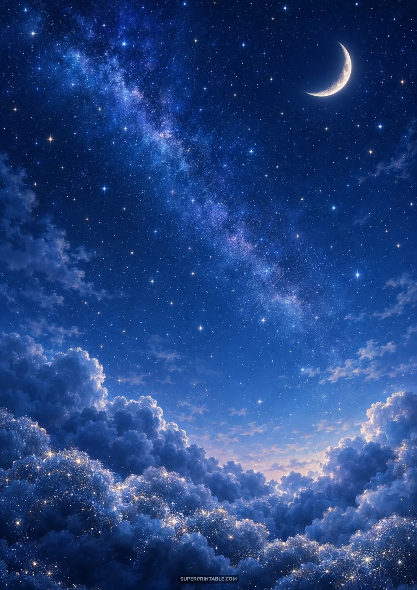 Slender crescent moon and sparkling Milky Way galaxy shining over starlit fluffy clouds in midnight blue