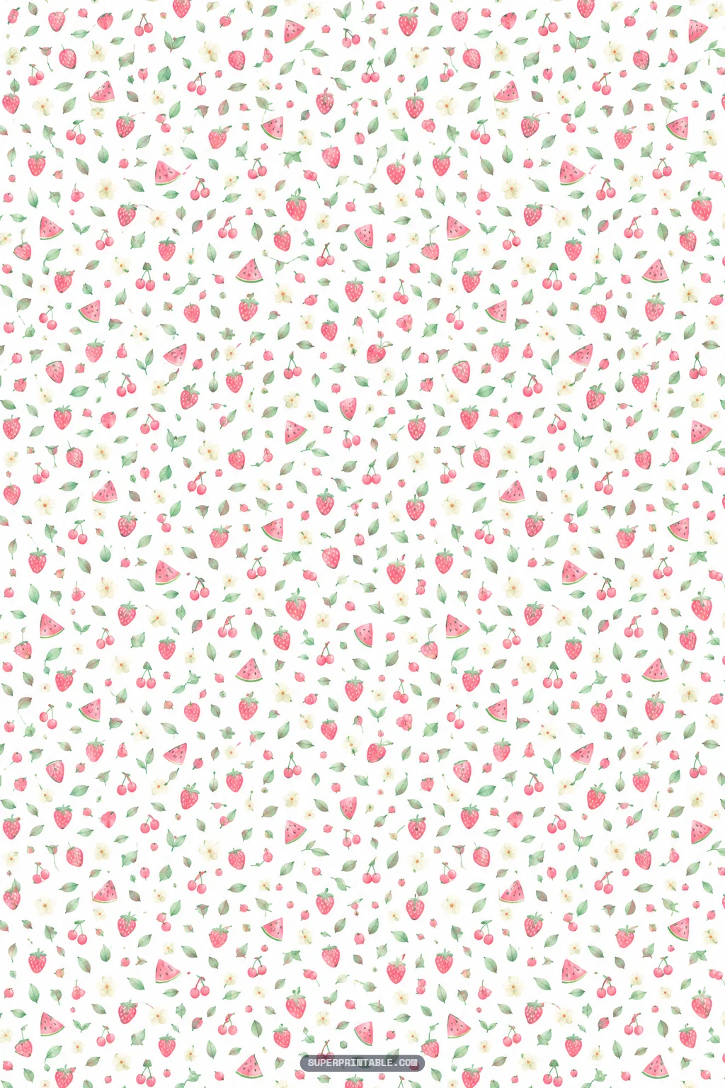 Tiny repeating watercolor watermelon bits, sweet strawberries, cherries, and small white flowers