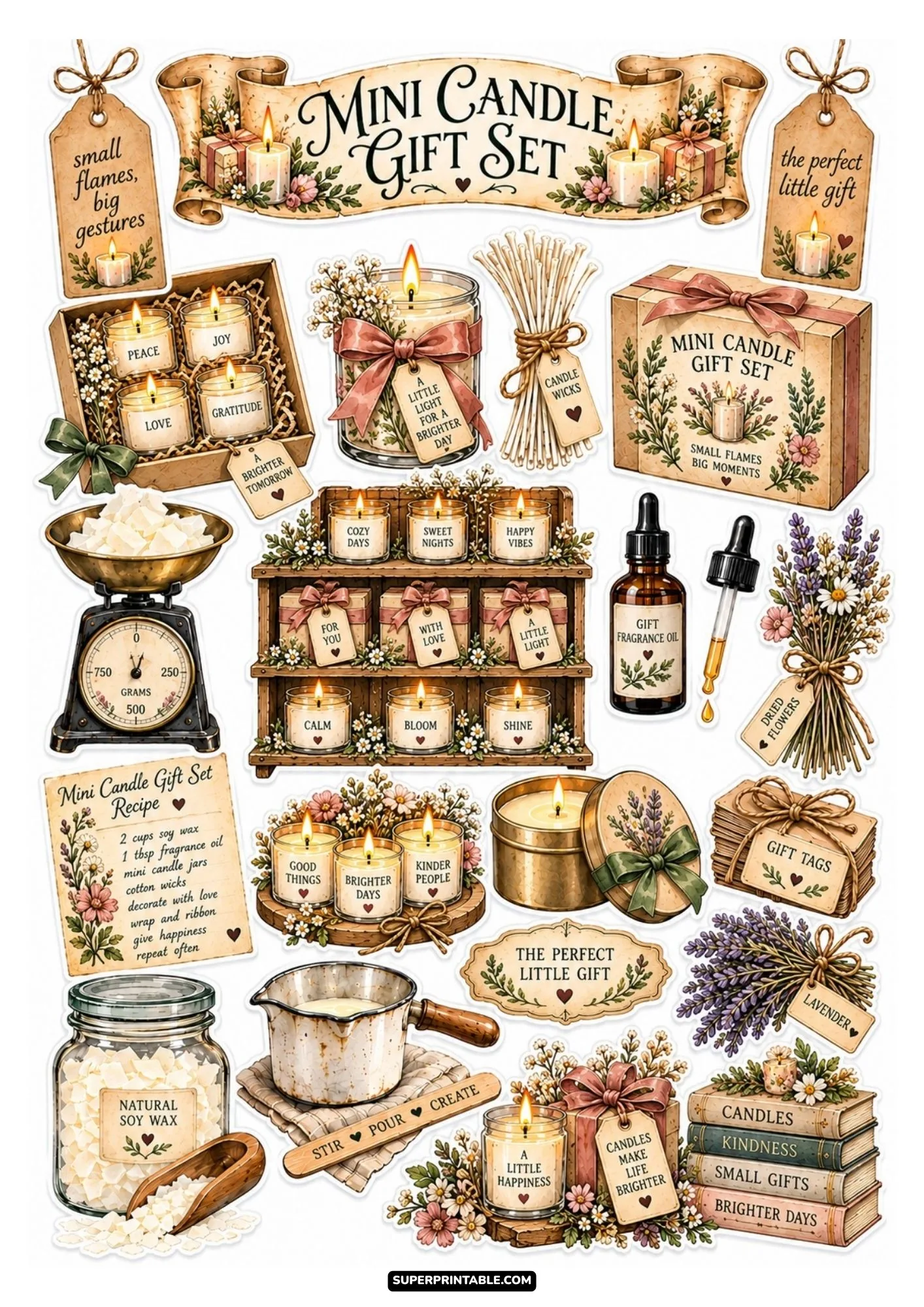 Mini candle gift set sticker sheet featuring small gift boxed candles, ribbon accents, and charming tag bundles.