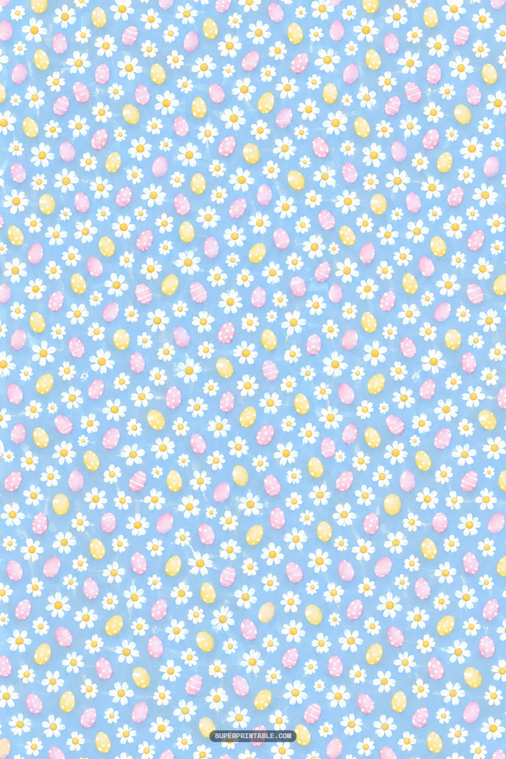 Ditsy pattern of tiny pastel easter eggs and white daisy flowers scattered over a soft textured sky blue canvas