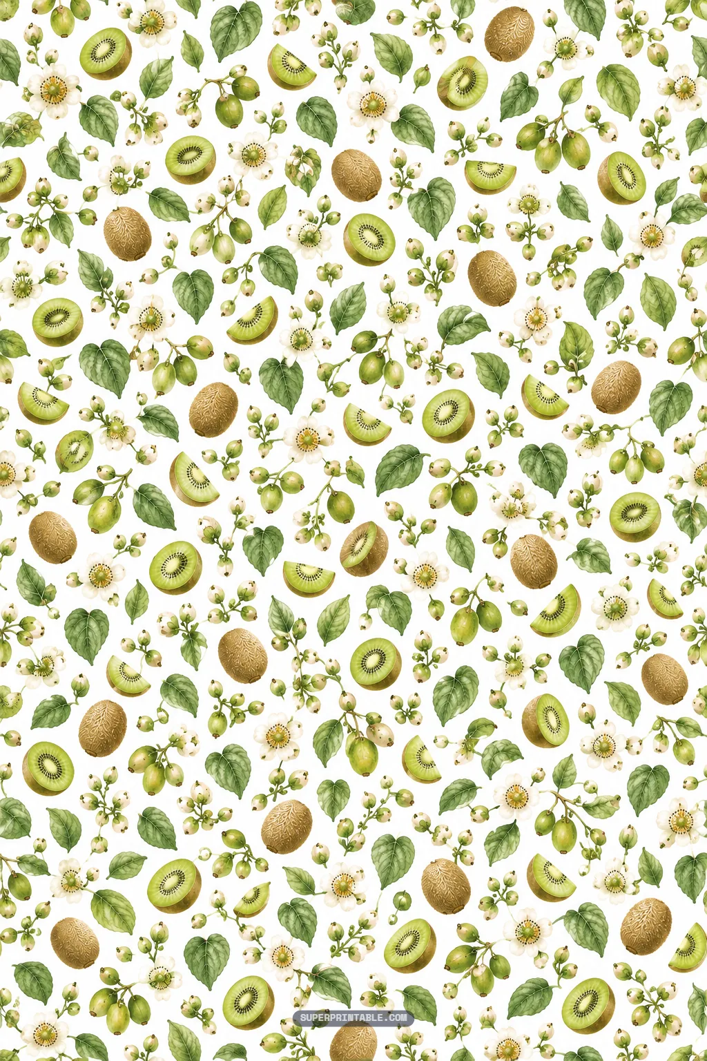 delicate tossed pattern of miniature fuzzy kiwis, sliced fruit, and white blossoms