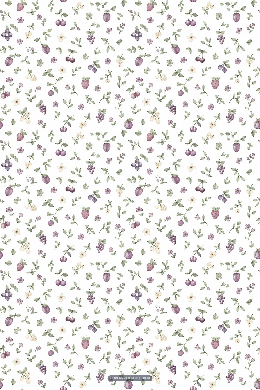 Scattered miniature watercolor cherries, grapes, plums, strawberries, and translucent currants.