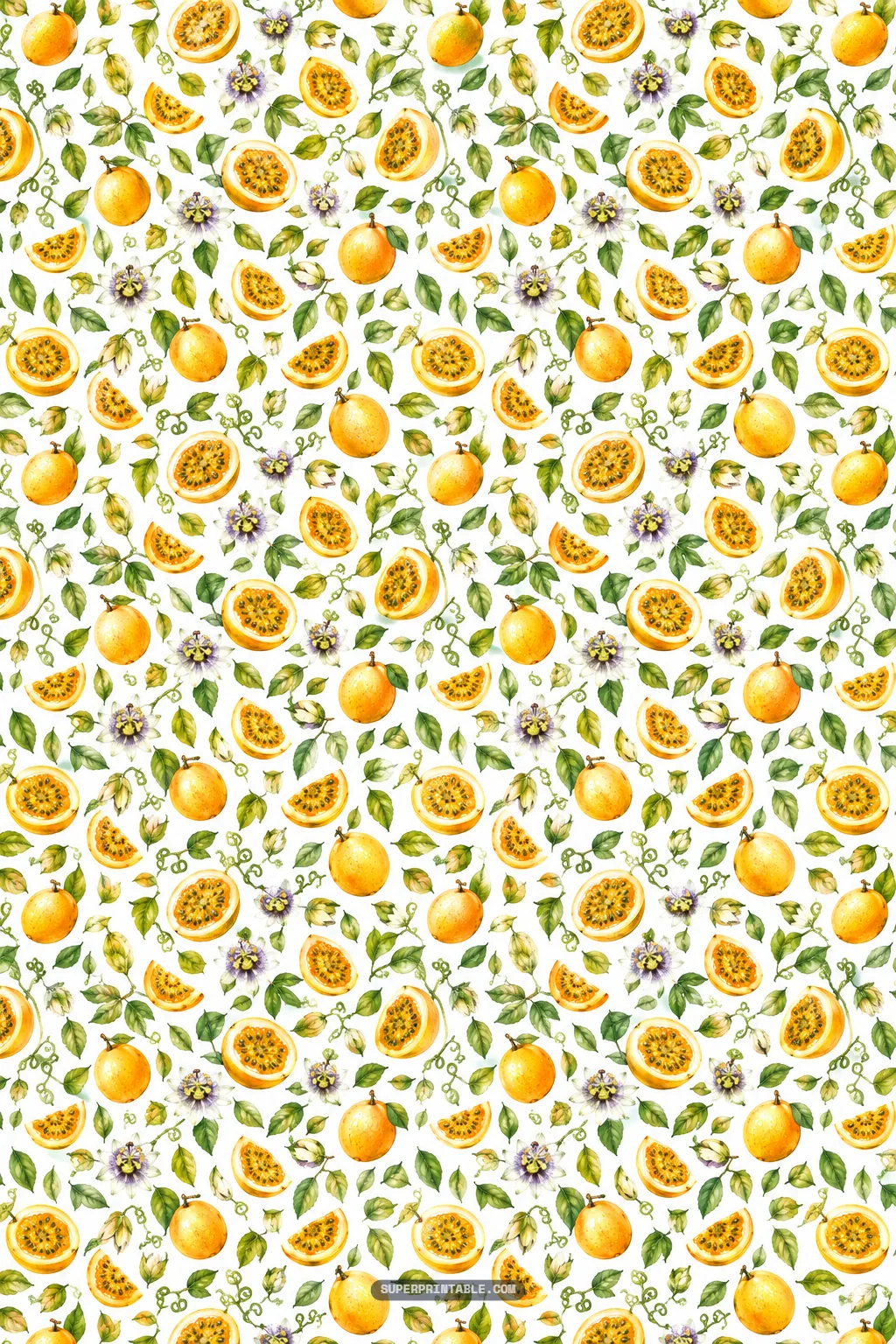 Fine ditsy toss pattern of mini yellow passionfruits, cut fruit wedges, green leaves, and delicate blossoms.