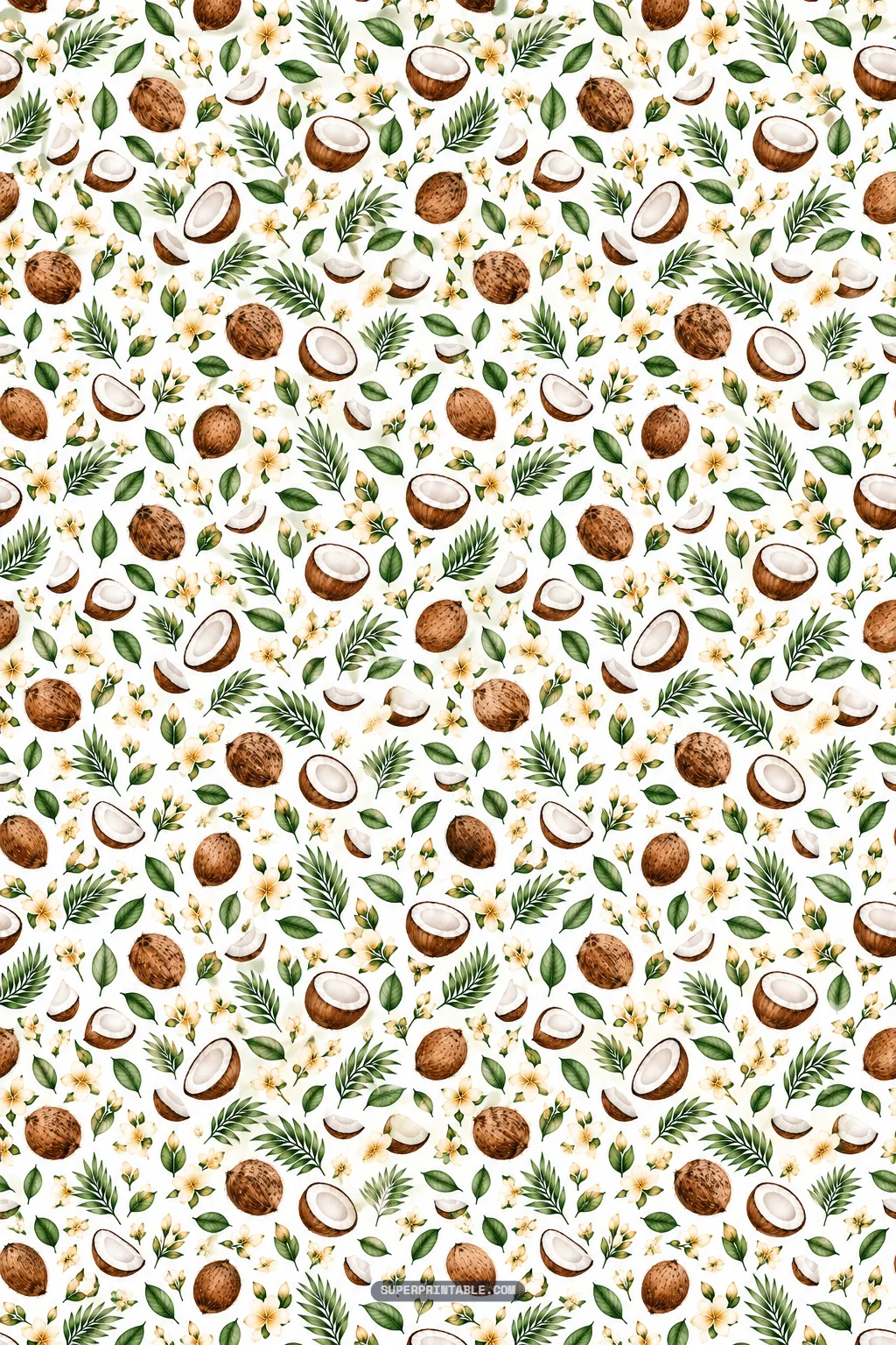 Dainty tossed pattern of miniature whole coconuts, cut halves, and tiny palm leaves.