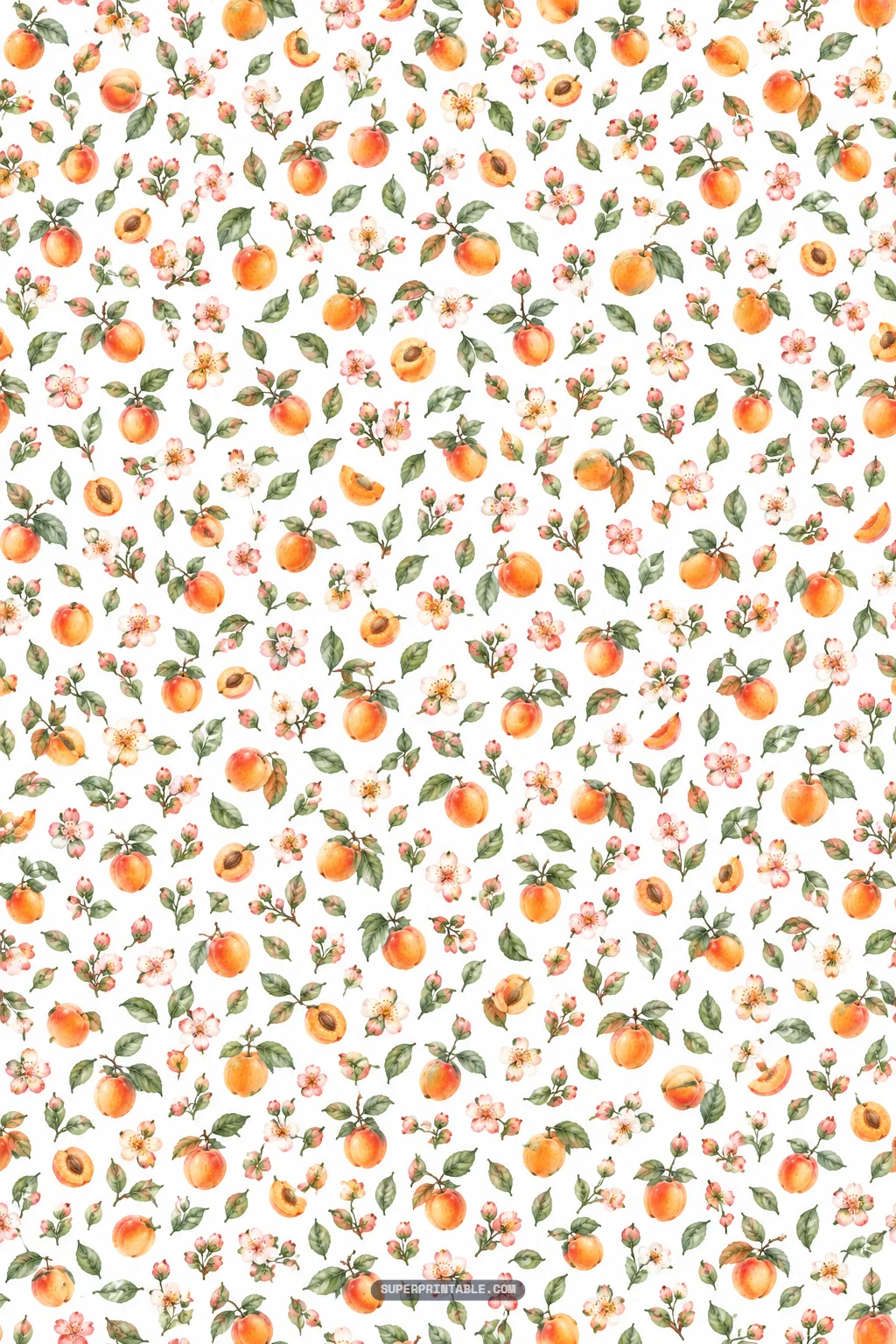 Tiny ditsy pattern featuring miniature watercolor apricots, sliced fruit, and floral sprigs.