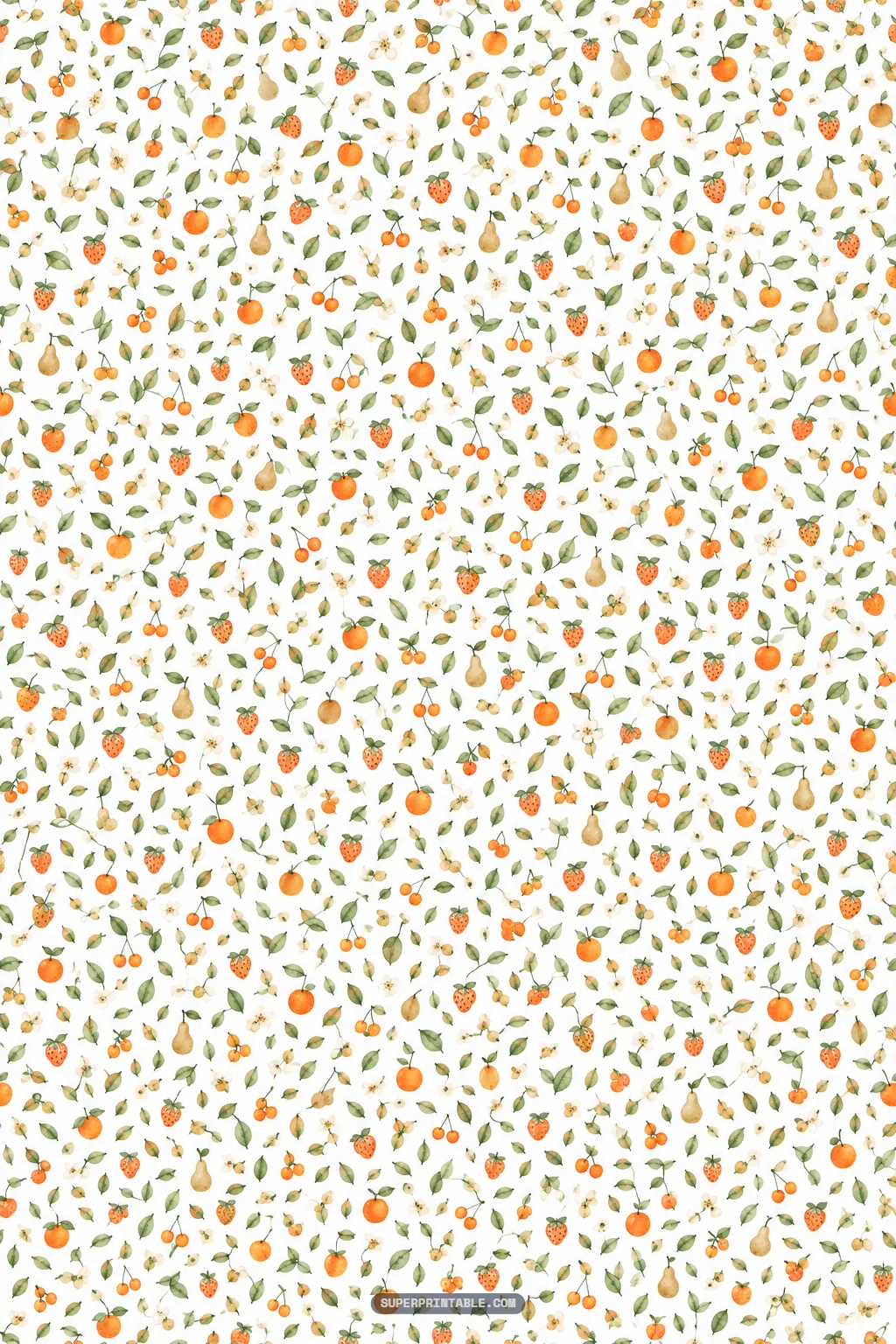 Miniature autumn fruit digital paper pattern featuring tiny watercolor oranges strawberries and pears