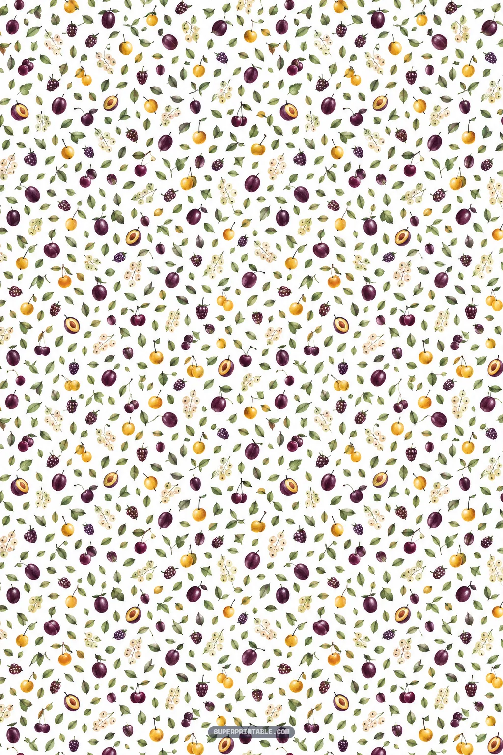 Dainty watercolor ditsy print with tiny purple berries, golden currants, and delicate leaves on a white background