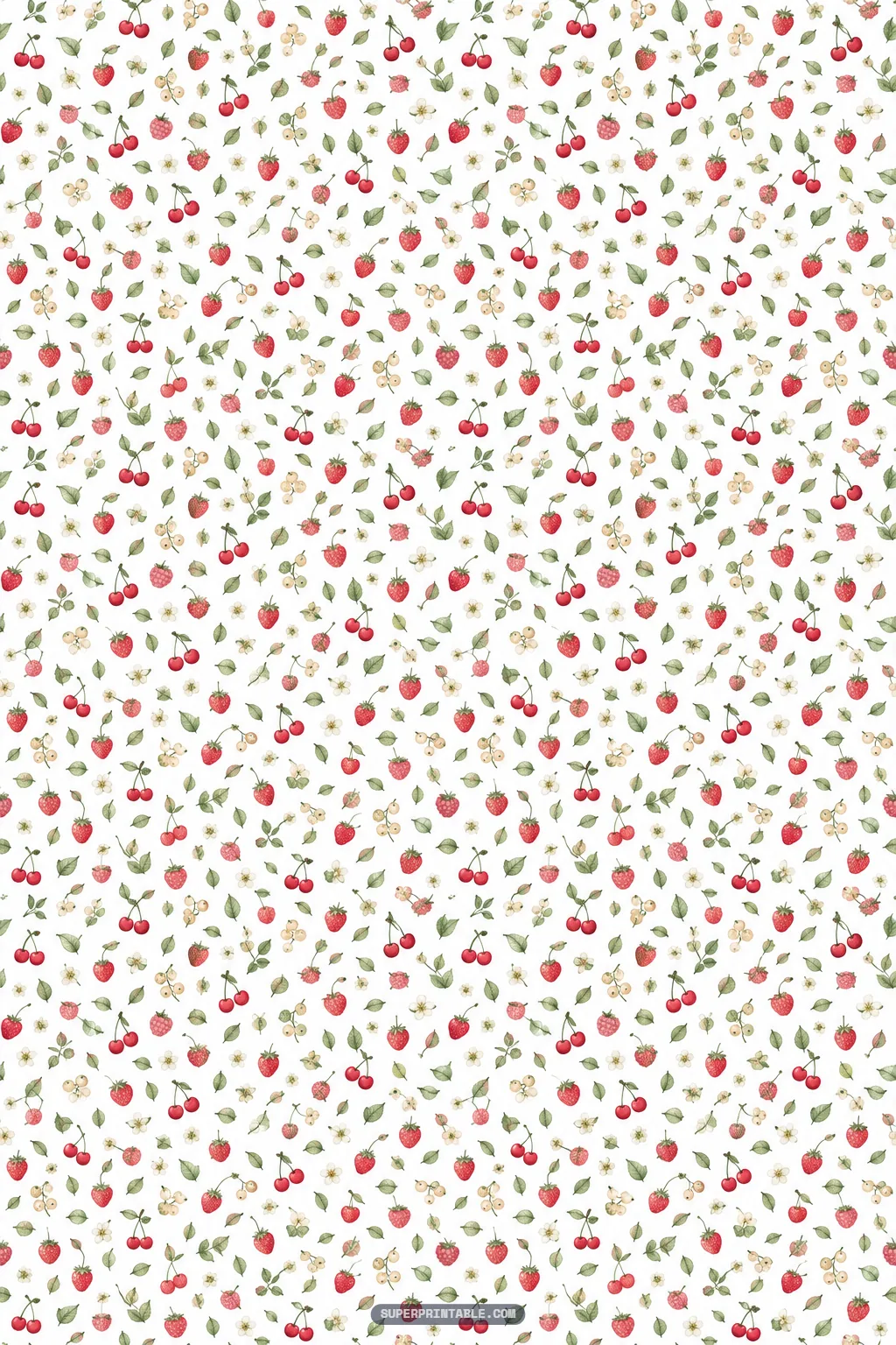Ditsy calico print of miniature berries, white flowers, and petite green leaves