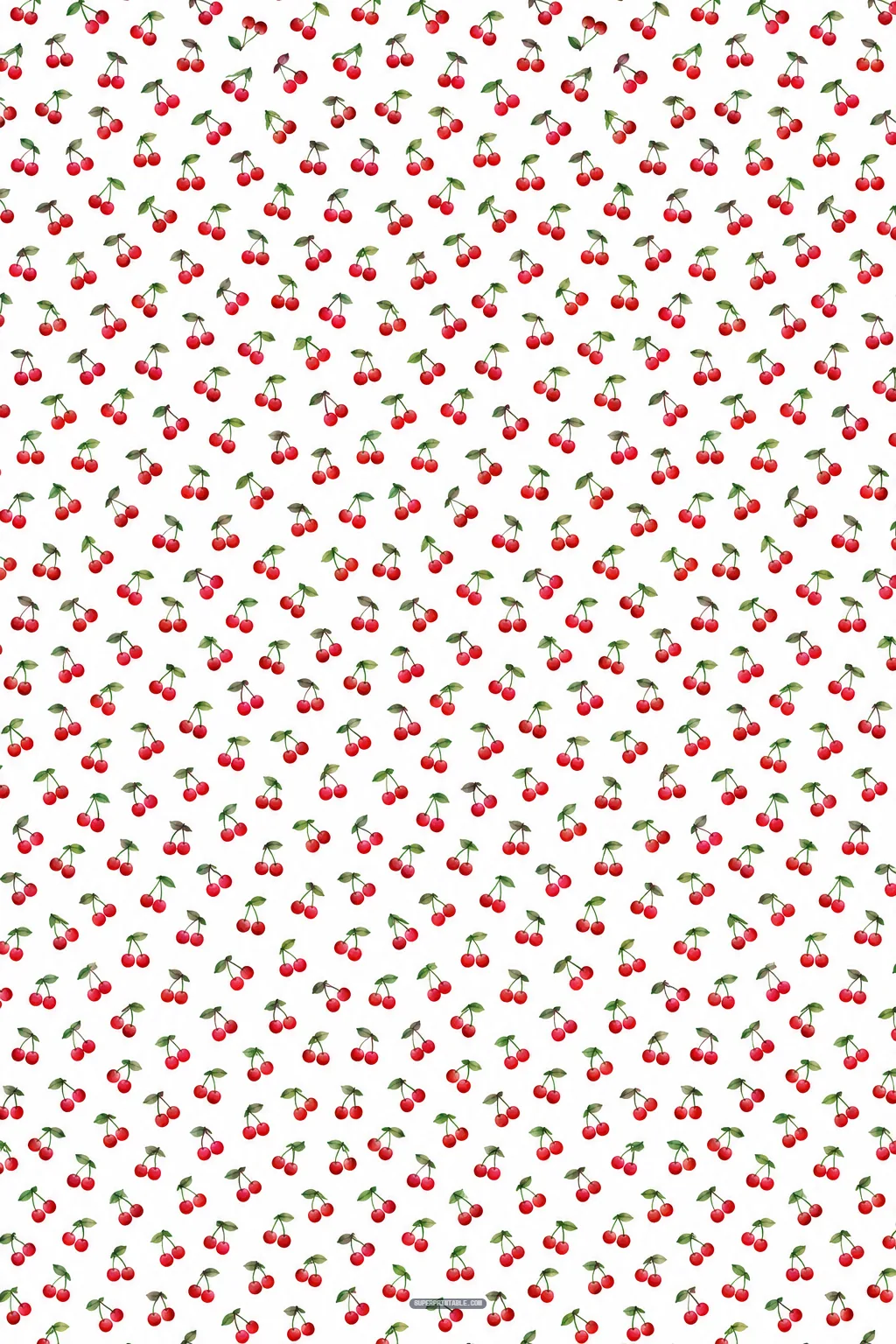 Delicate miniature cherry pairs ditsy pattern scattered across a crisp white background for fabric and crafts