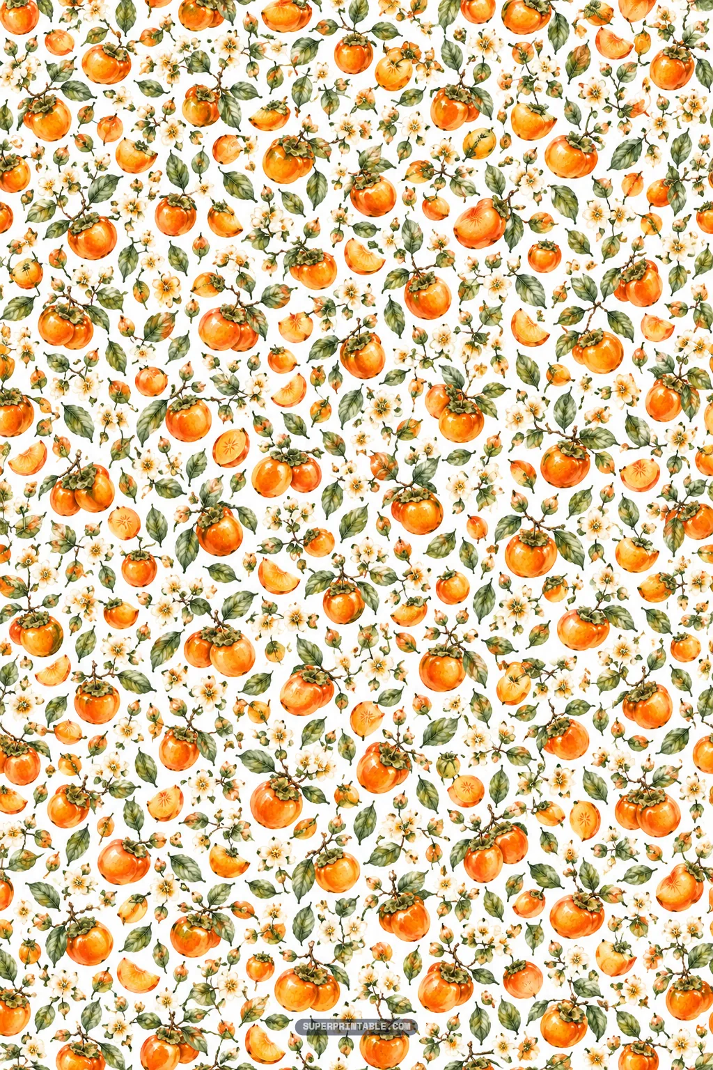Dense miniature ditsy print with tiny orange persimmons, fruit wedges, and creamy white blossoms on white