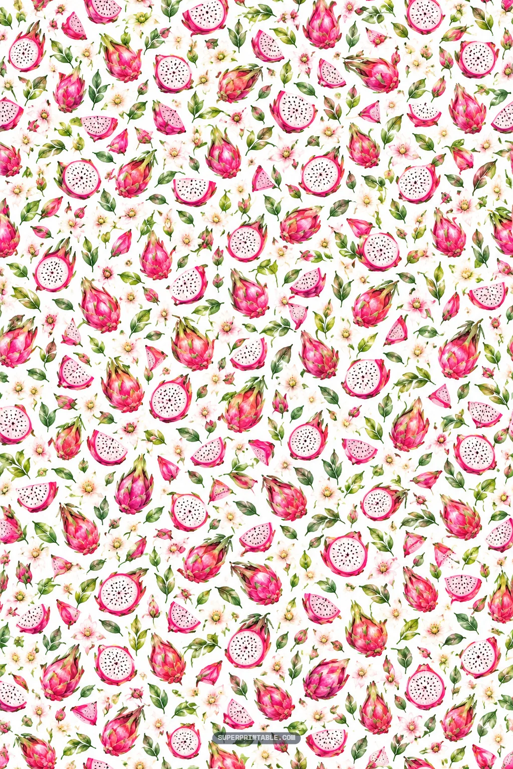 Detailed ditsy print with miniature dragon fruits, sliced wedges, tiny blossoms, and green sprigs.