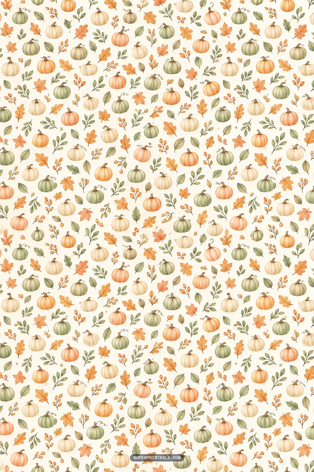 Dainty autumn pumpkins and scattered fall leaves with berry sprigs on an ivory background