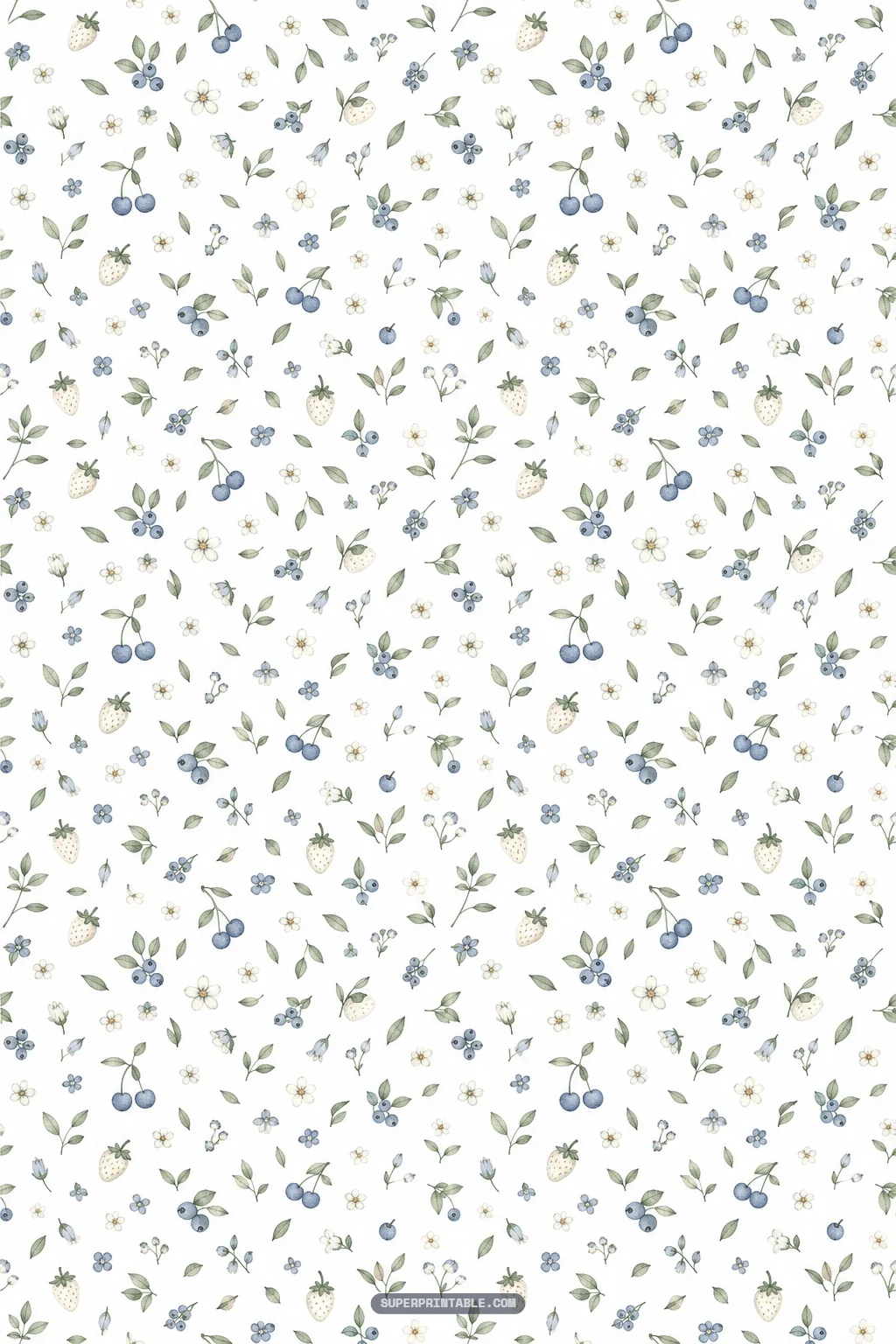 Miniature scattered garden berries, blue twin cherries, and pale strawberries with tiny foliage on ivory