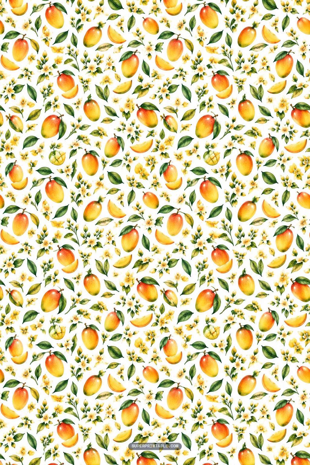 Delicate mini ditsy pattern with small ripe mangoes, tiny fruit slices, and orchard blossoms.