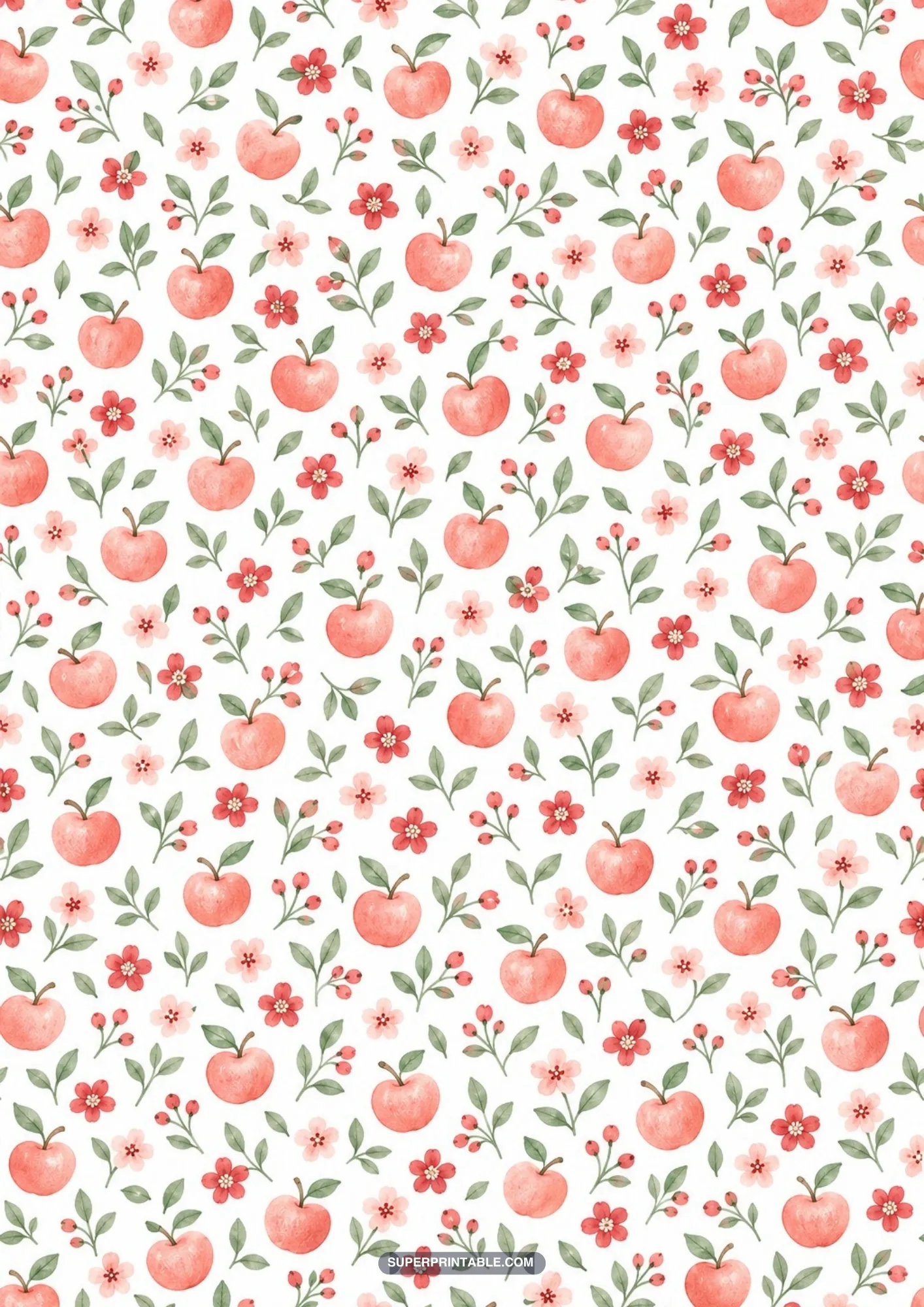 Ditsy floral pattern of miniature watercolor apples, pink florets, and tender foliage