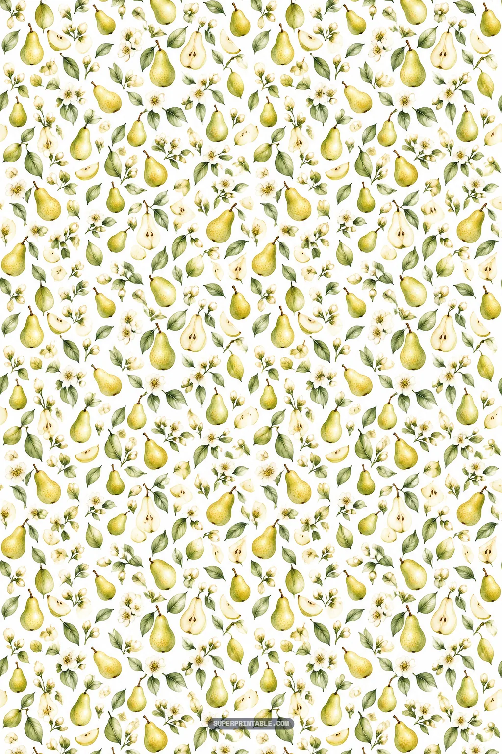 Ditsy floral pattern filled with miniature yellow pears, sliced halves, tiny leaves, and orchard blossoms.