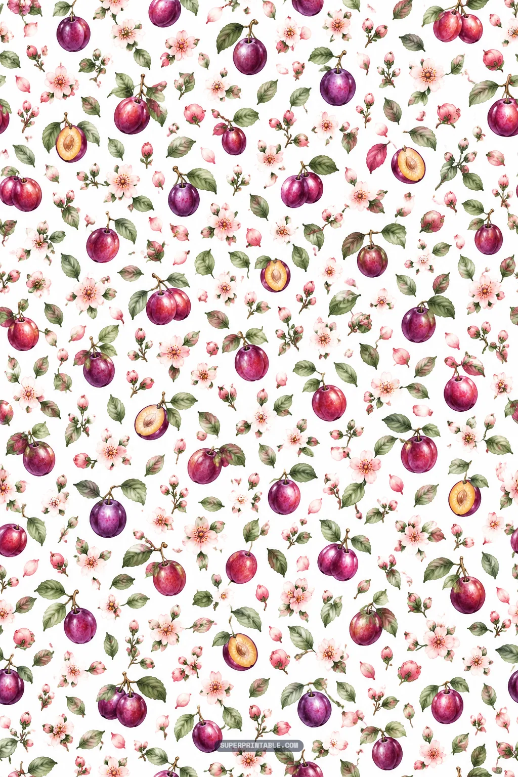 Intricate tiny scatter of watercolor plums, halved fruit, and delicate blossoms on white