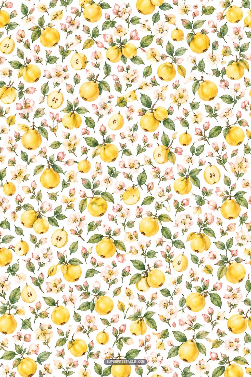 Ditsy botanical print featuring miniature golden quinces and delicate pink flowers