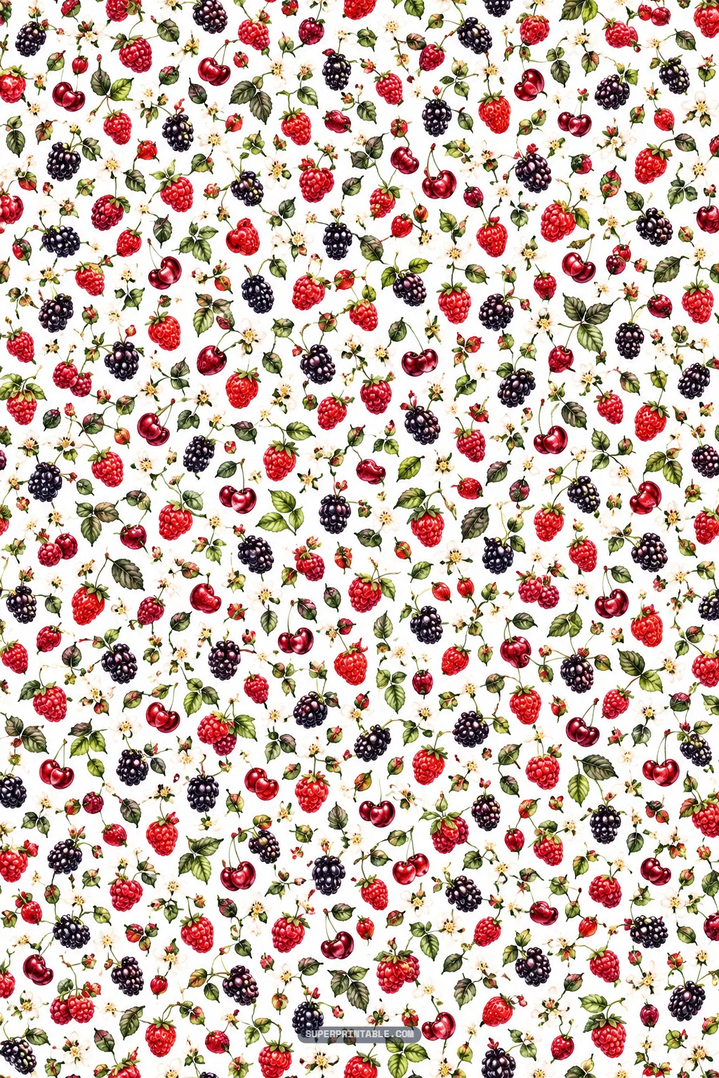 Ditsy botanical print of tiny red raspberries, petite wild cherries, and miniature blossoms