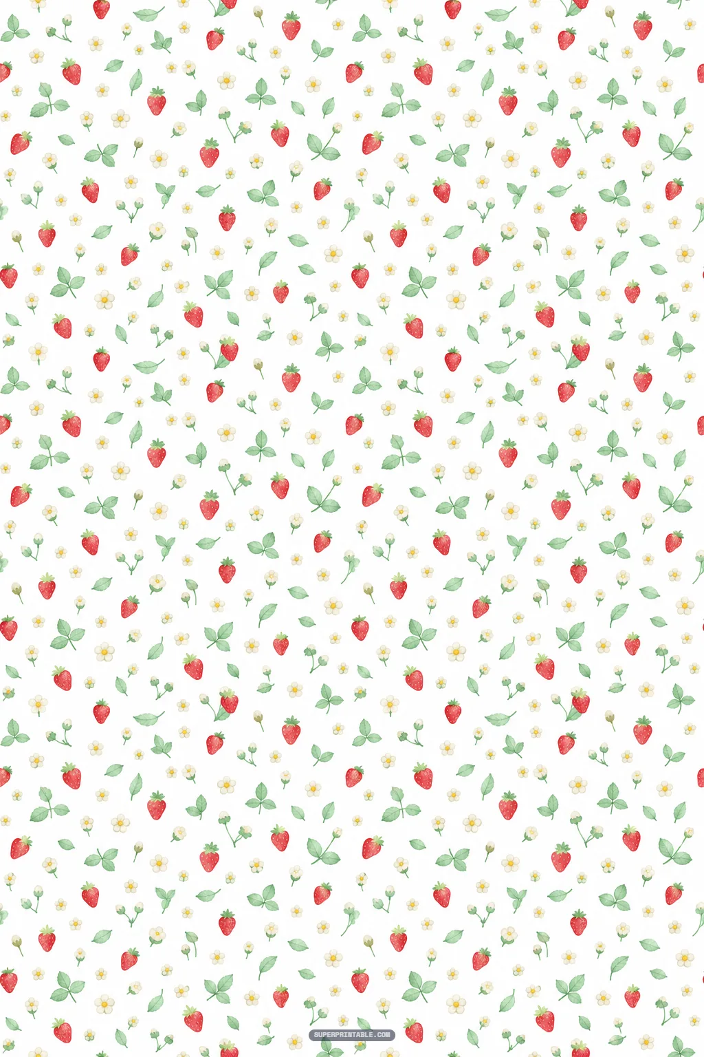 Minimalist micro ditsy print with tiny wild strawberries and leaves on white paper