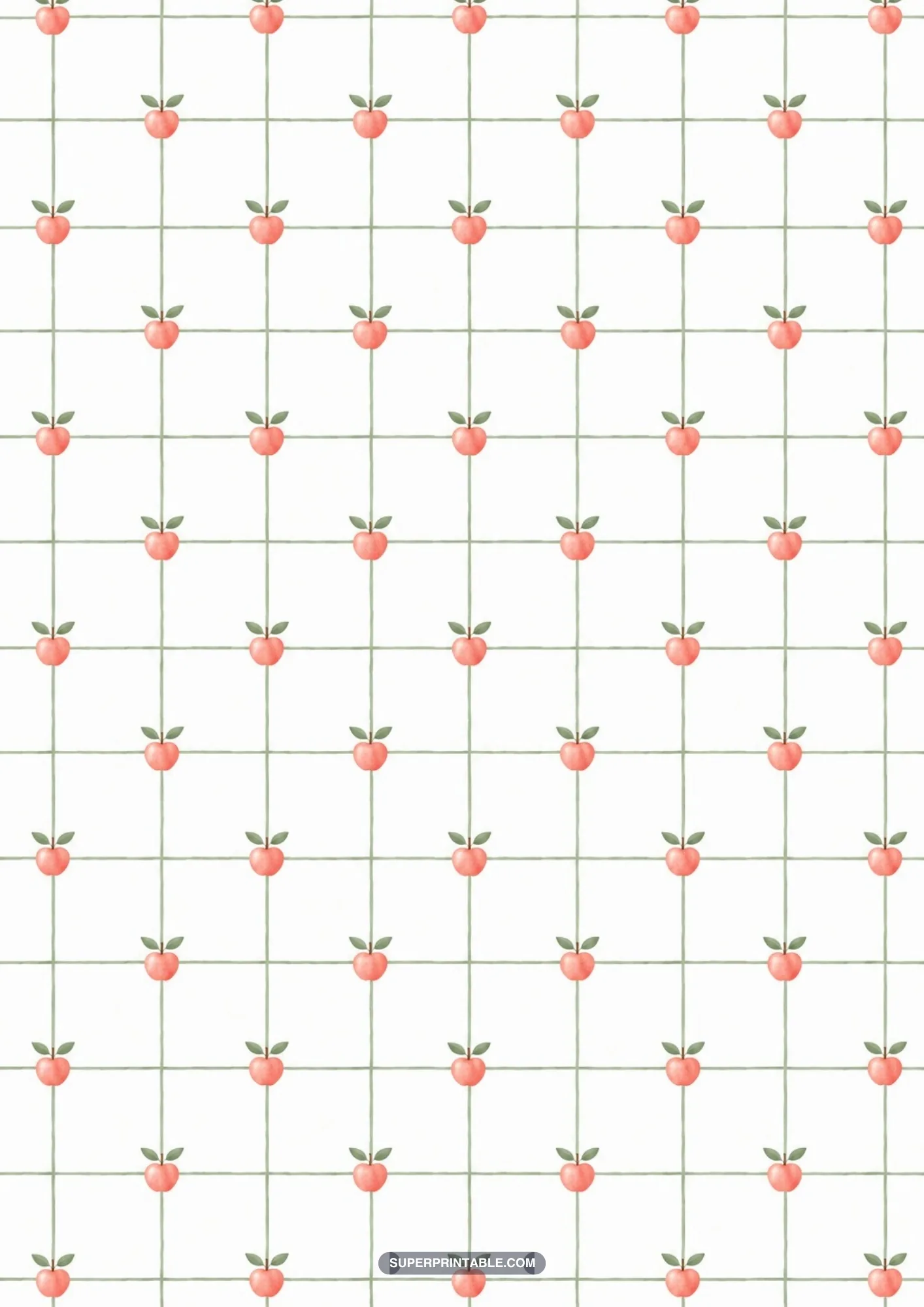 Fine green grid pattern dotted with tiny watercolor apples at every intersection