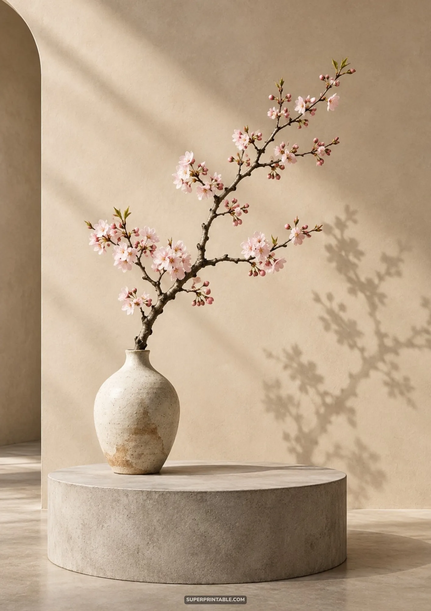 Ikebana style cherry blossom branch in a rustic ceramic vase on a round stone pedestal against beige wall