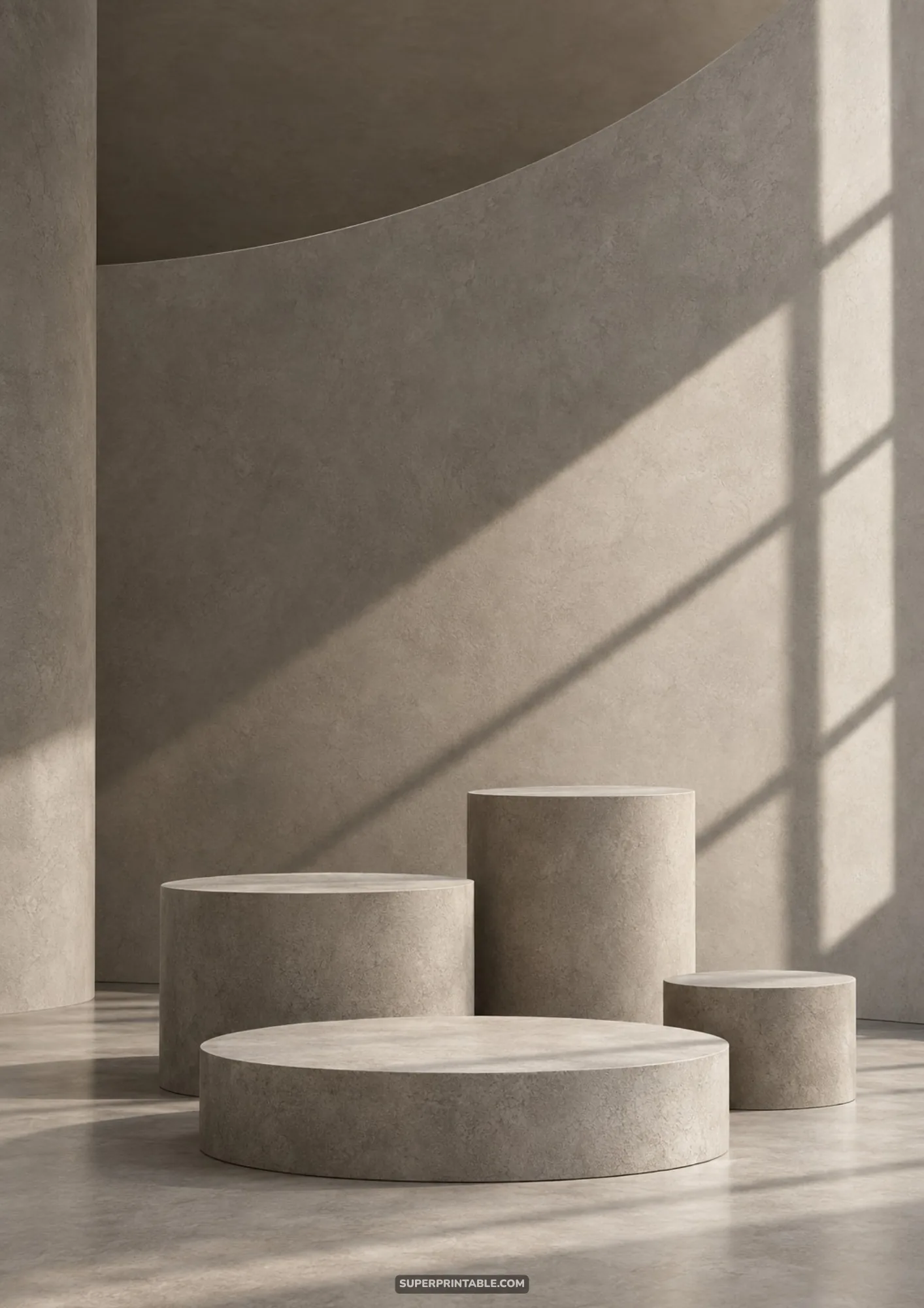 Minimalist concrete pedestals of varying heights arranged before a curved architectural wall with window shadows